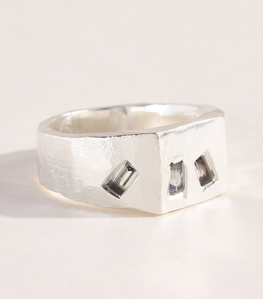 THE OUZE Sterling Silver and Aquamarine Tri Signet Ring Silver/aqua Image 3