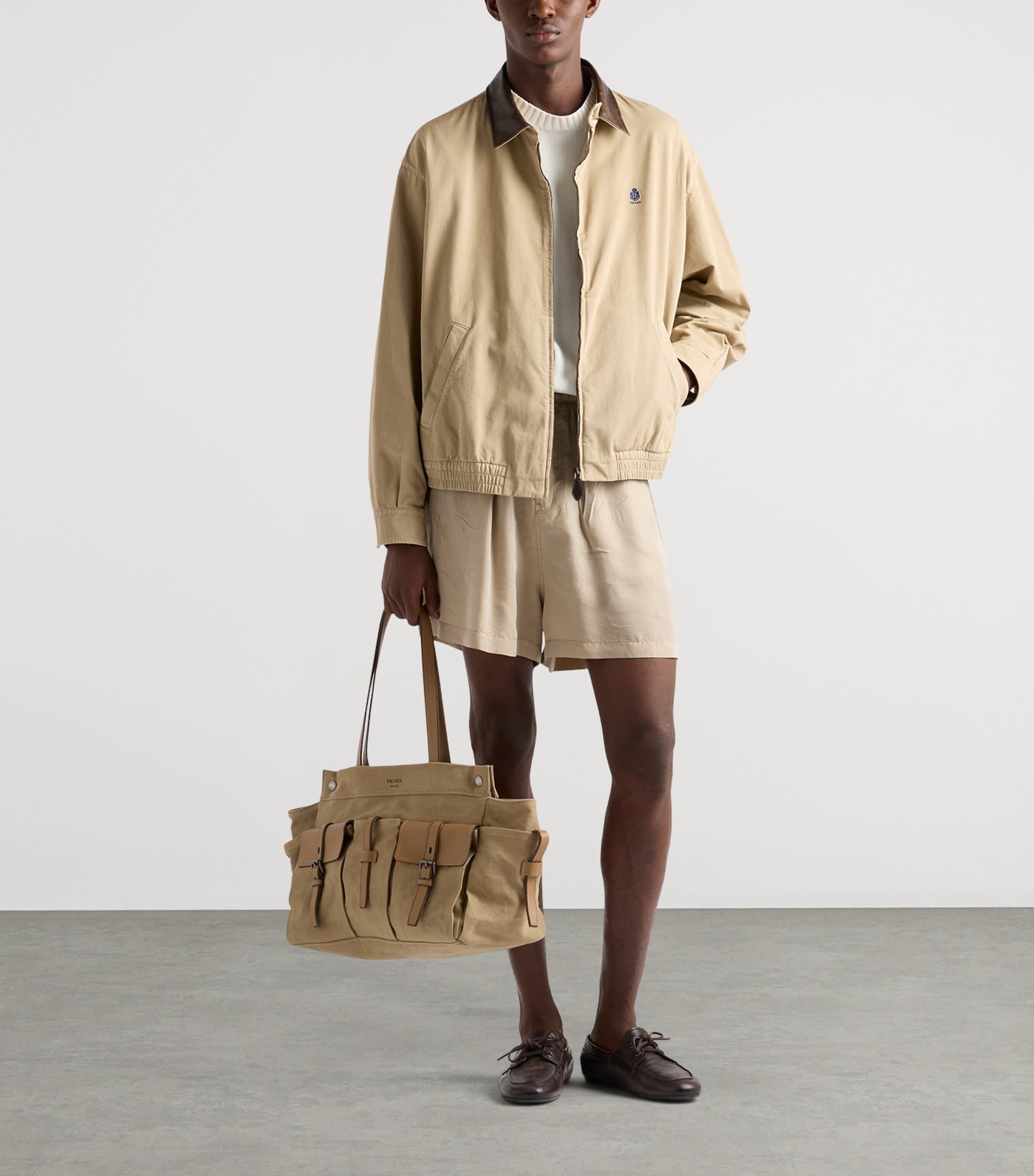 Prada Cotton-Leather Route Tote Bag Neutral Image 2