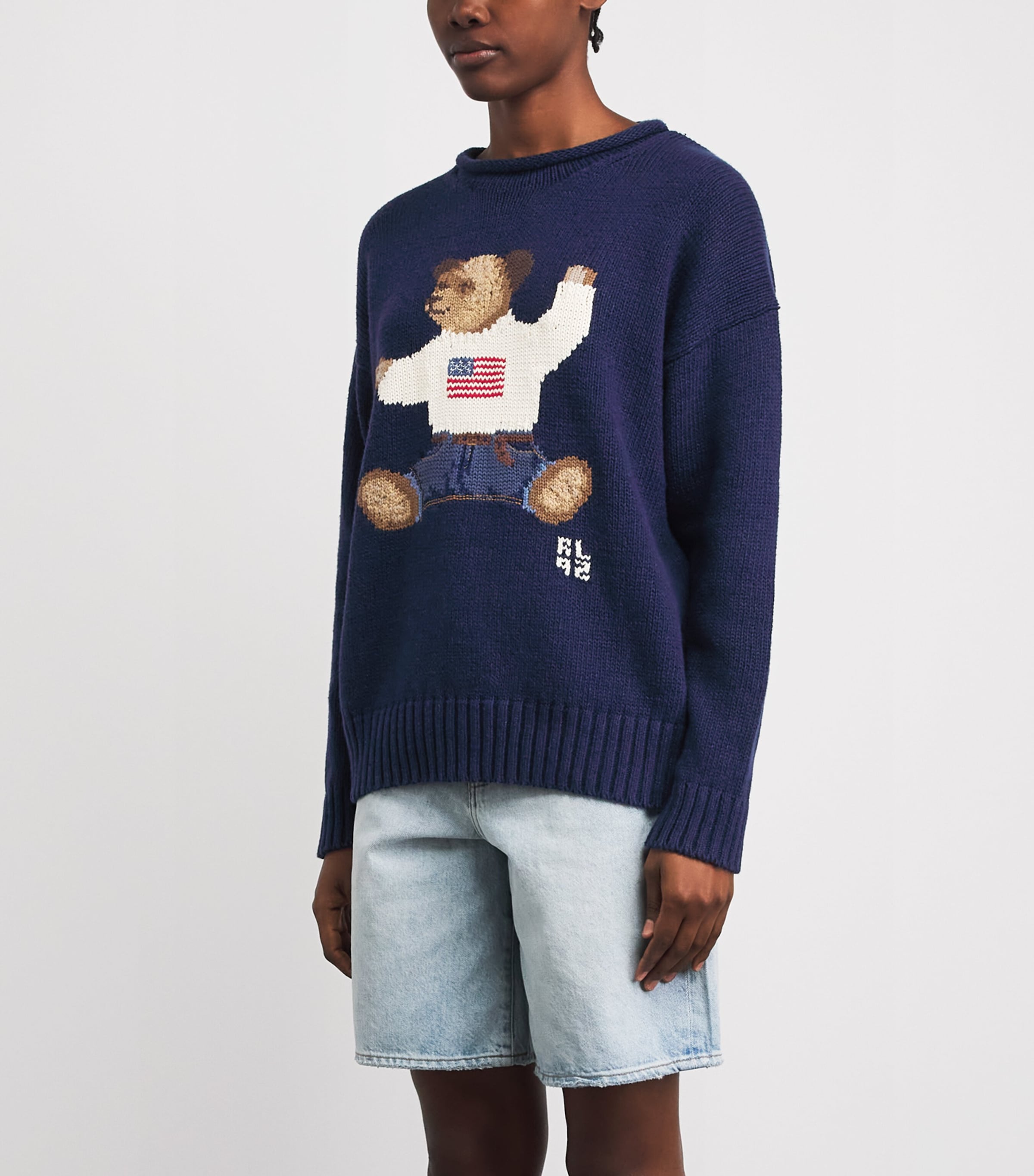 Polo Ralph Lauren Womens Cotton-Linen Sitting Polo Bear Sweater Newport Navy Multi Image 4