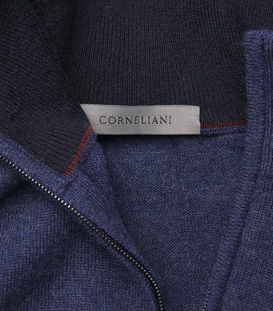 Corneliani Mens Virgin Wool-Cashmere Quarter-Zip Sweater Blue Image 6