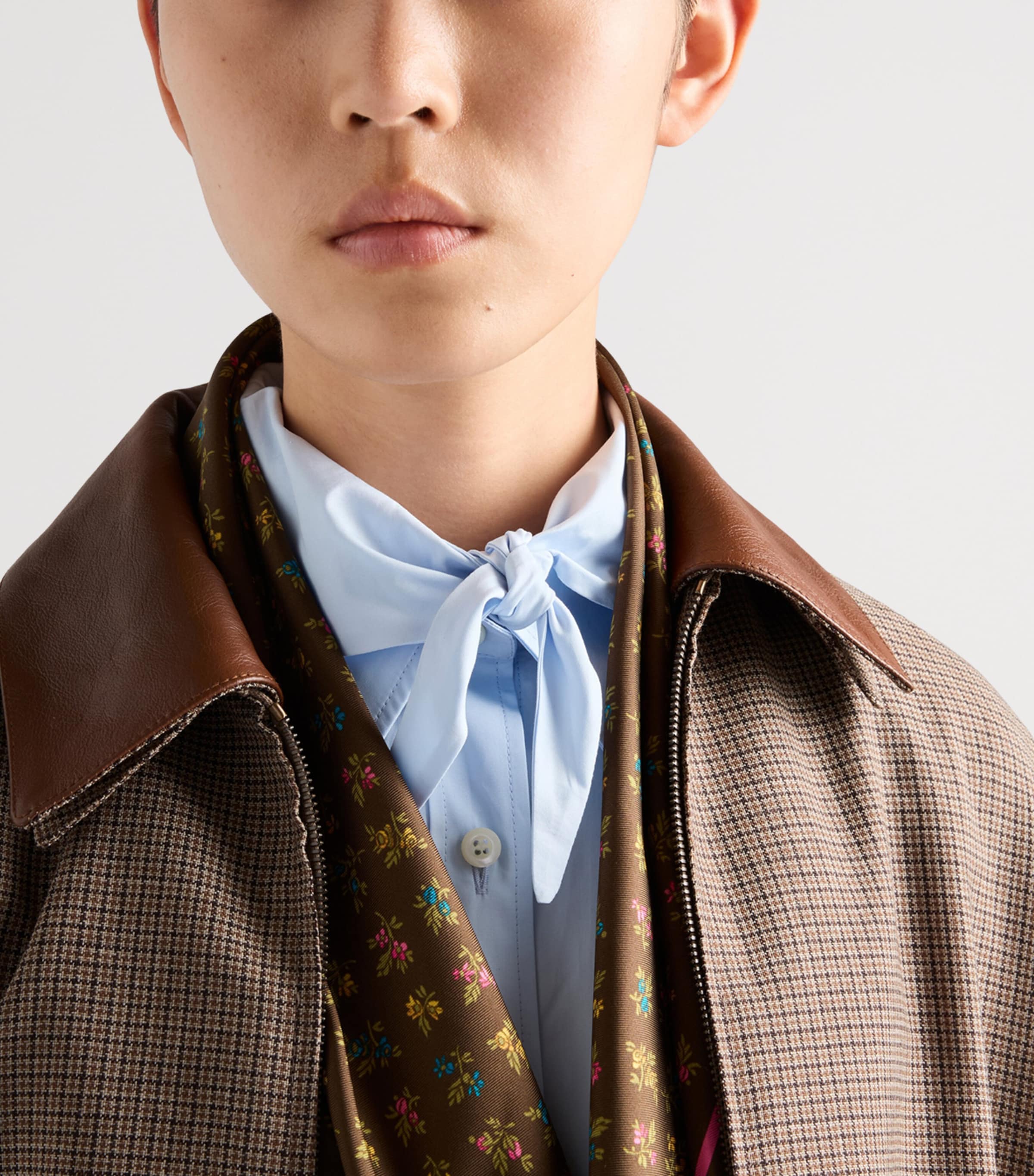 Prada Womens Wool Houndstooth Leather-Collar Jacket Brown Image 3