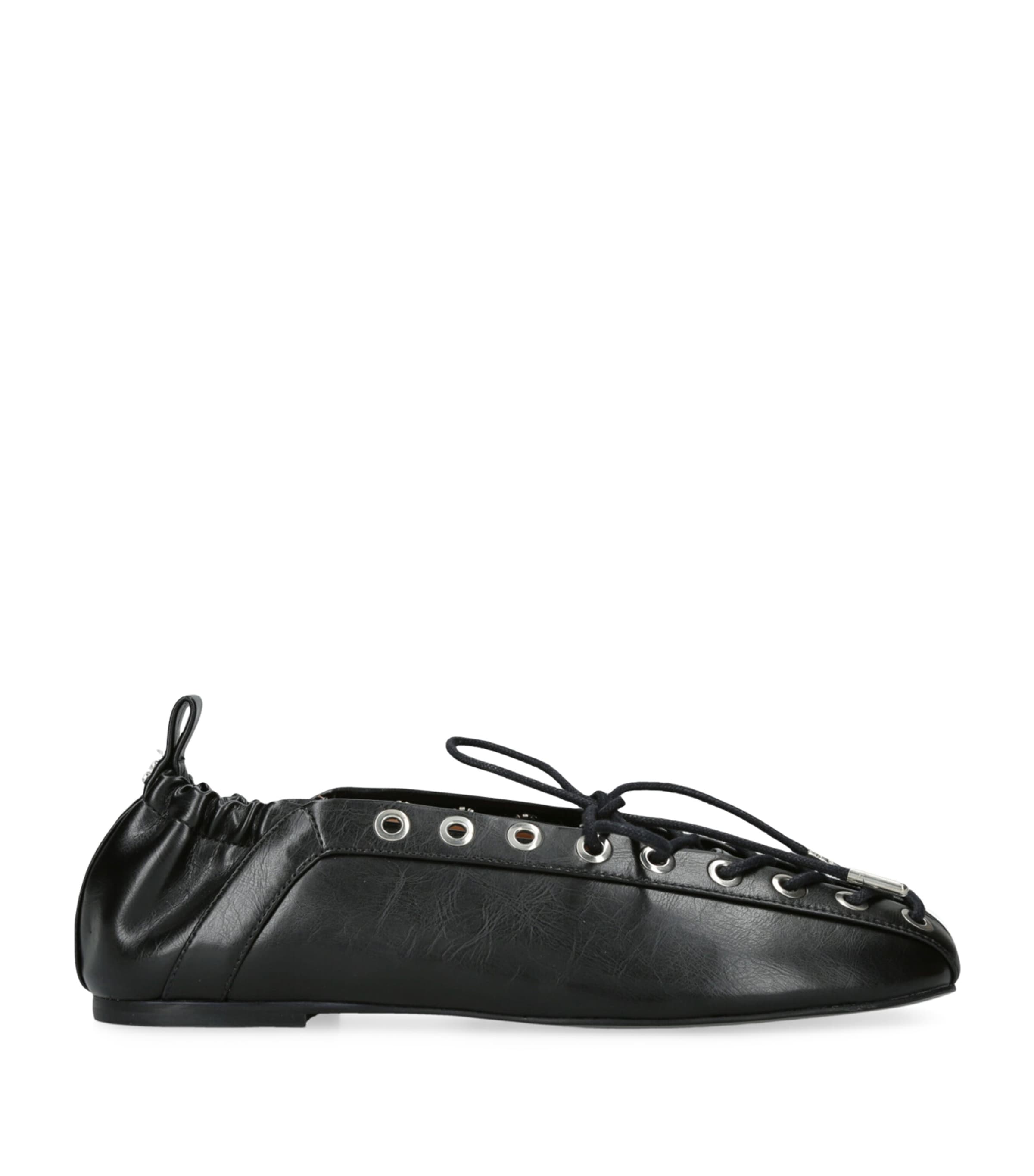 Ganni Black Lace-up Ballerinas With Metal Eyelets And Elasticized Ankle In Eco-leather Woman In Black