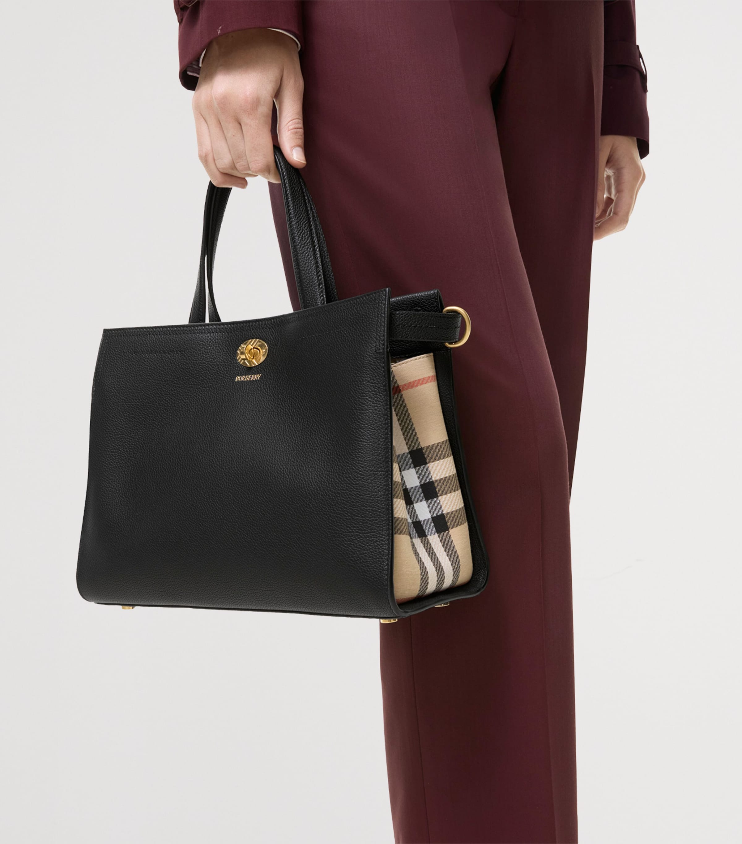 Burberry Small Leather Cotswolds Check Tote Bag Black Image 2