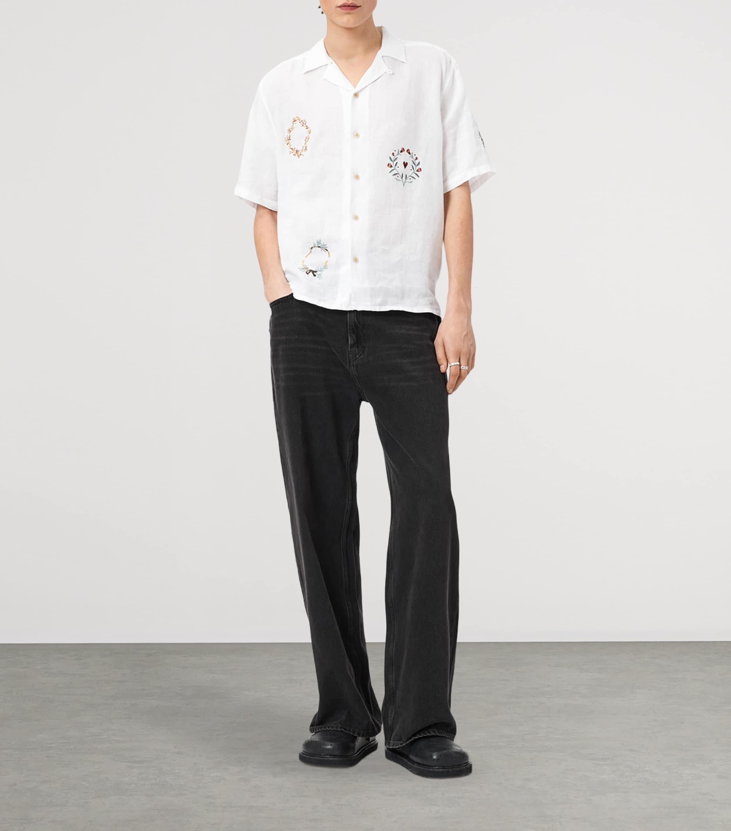 AllSaints Mens Linen Embroidered Deck Shirt Ecru Image 2