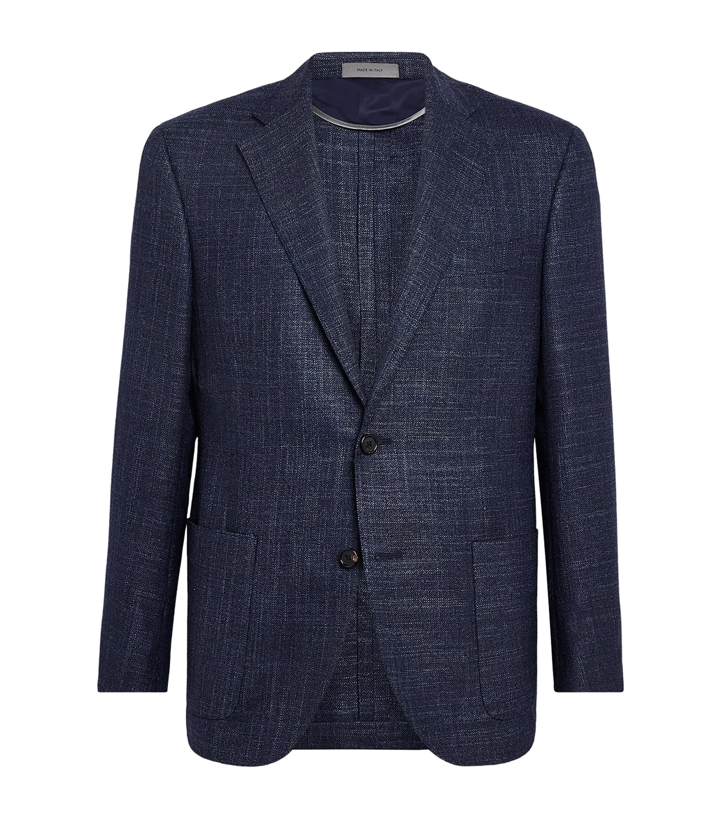 Corneliani Mens Virgin Wool-Silk Herringbone Blazer Navy Blue Image 1