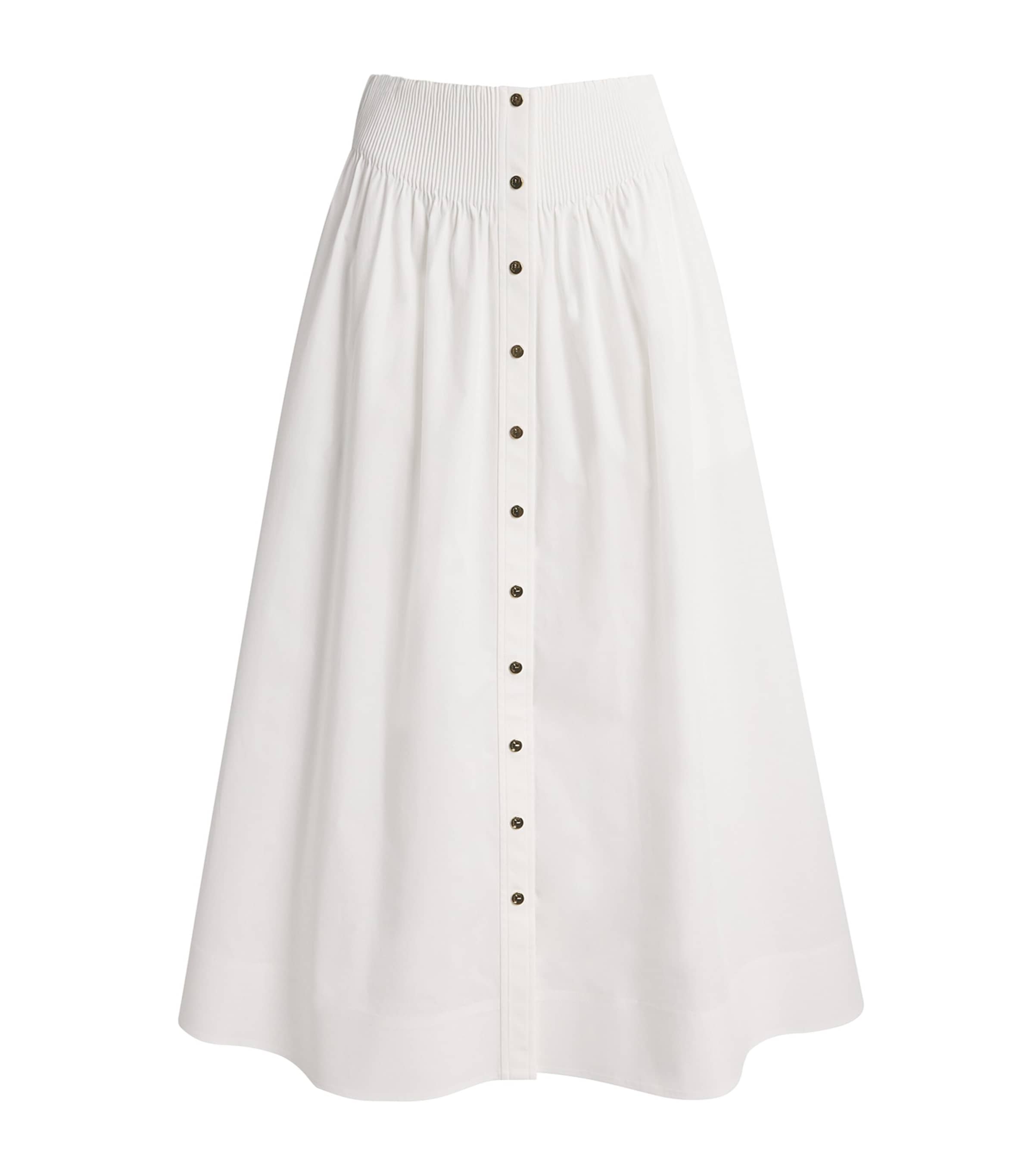Tory Burch Cotton Stretch Poplin Metal-button Midi Skirt In White