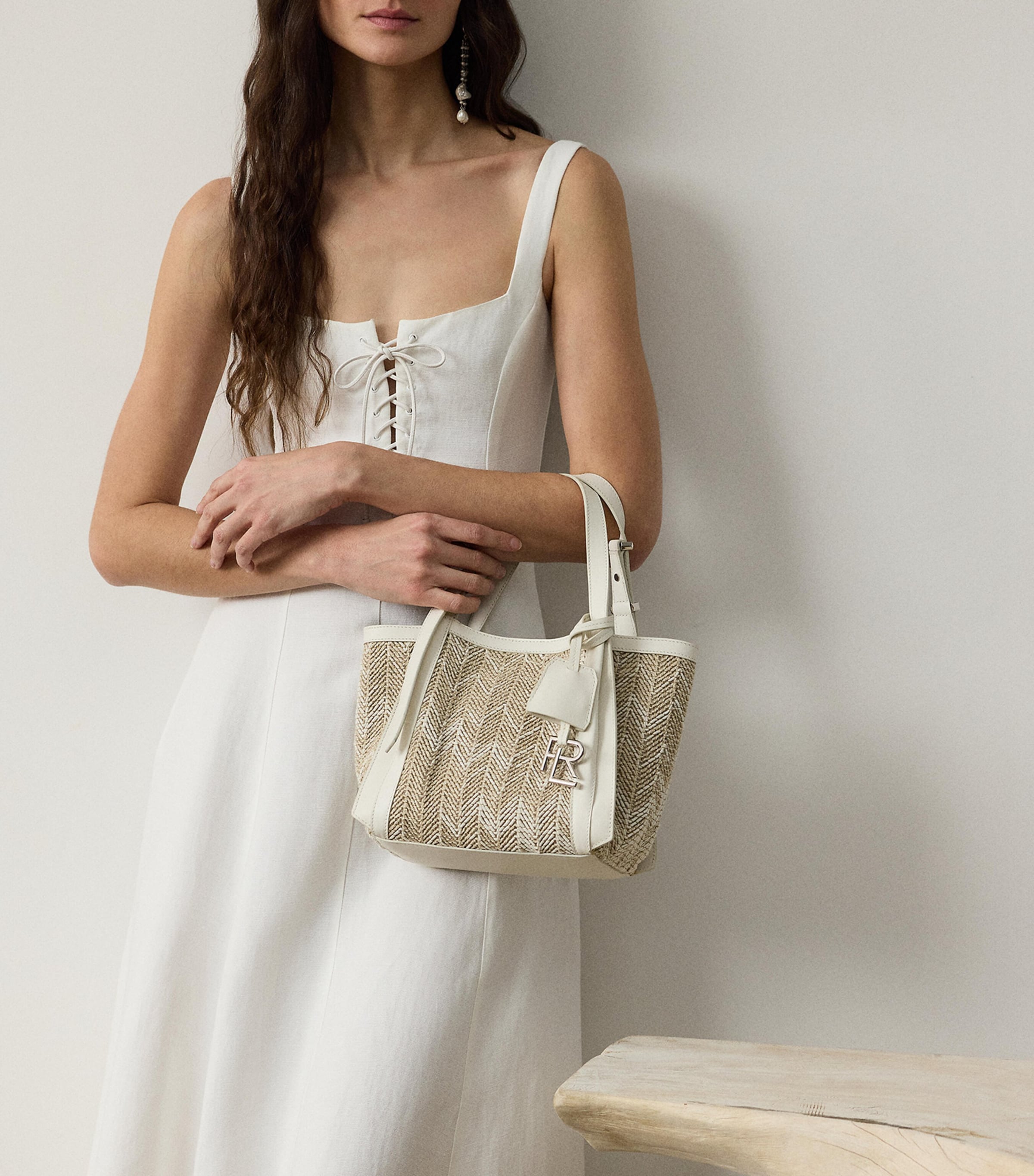 Leather-Trim Woven Ralph Shoulder Bag LIGHT SAND Image 4