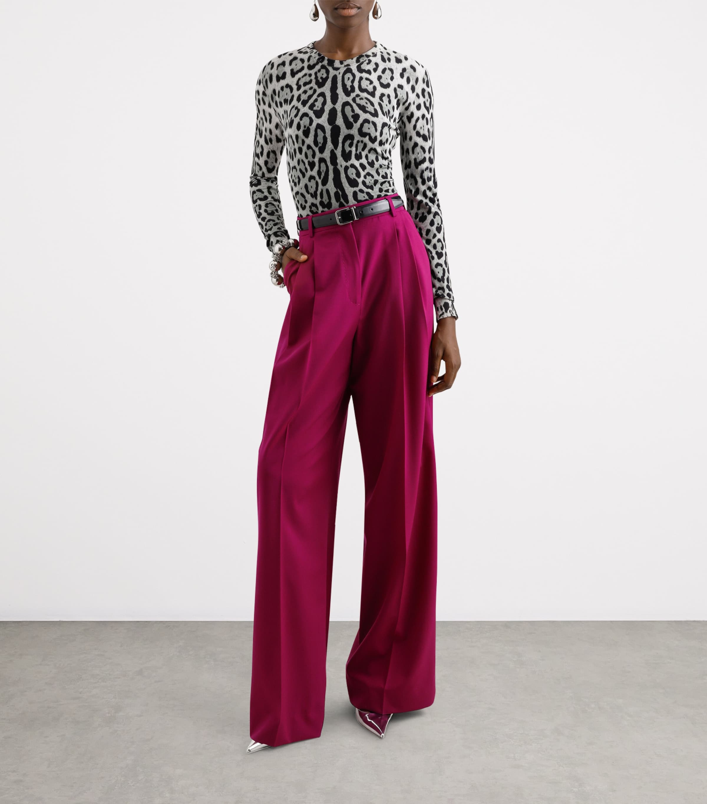 Stretch-Wool Wide-Leg Trousers F0321-FUXIA Image 2