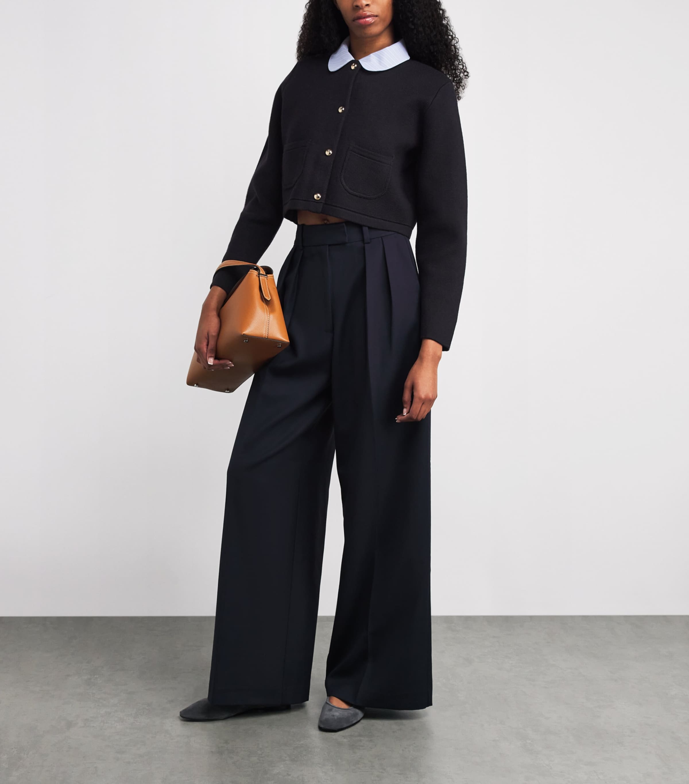 Cropped Collared Knitted Cardigan NAVY Image 2