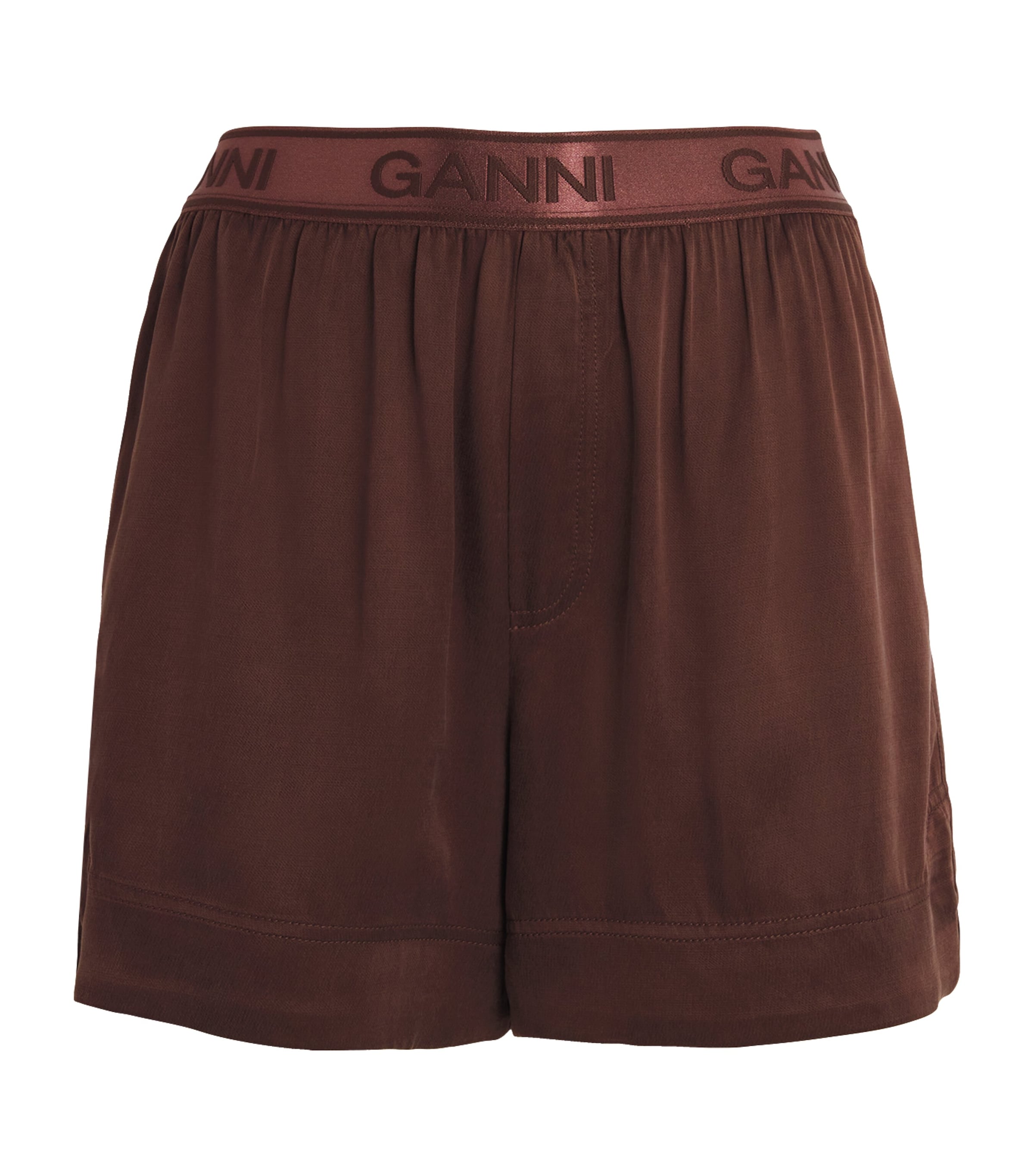 Ganni Satin Washed Shorts In Brown