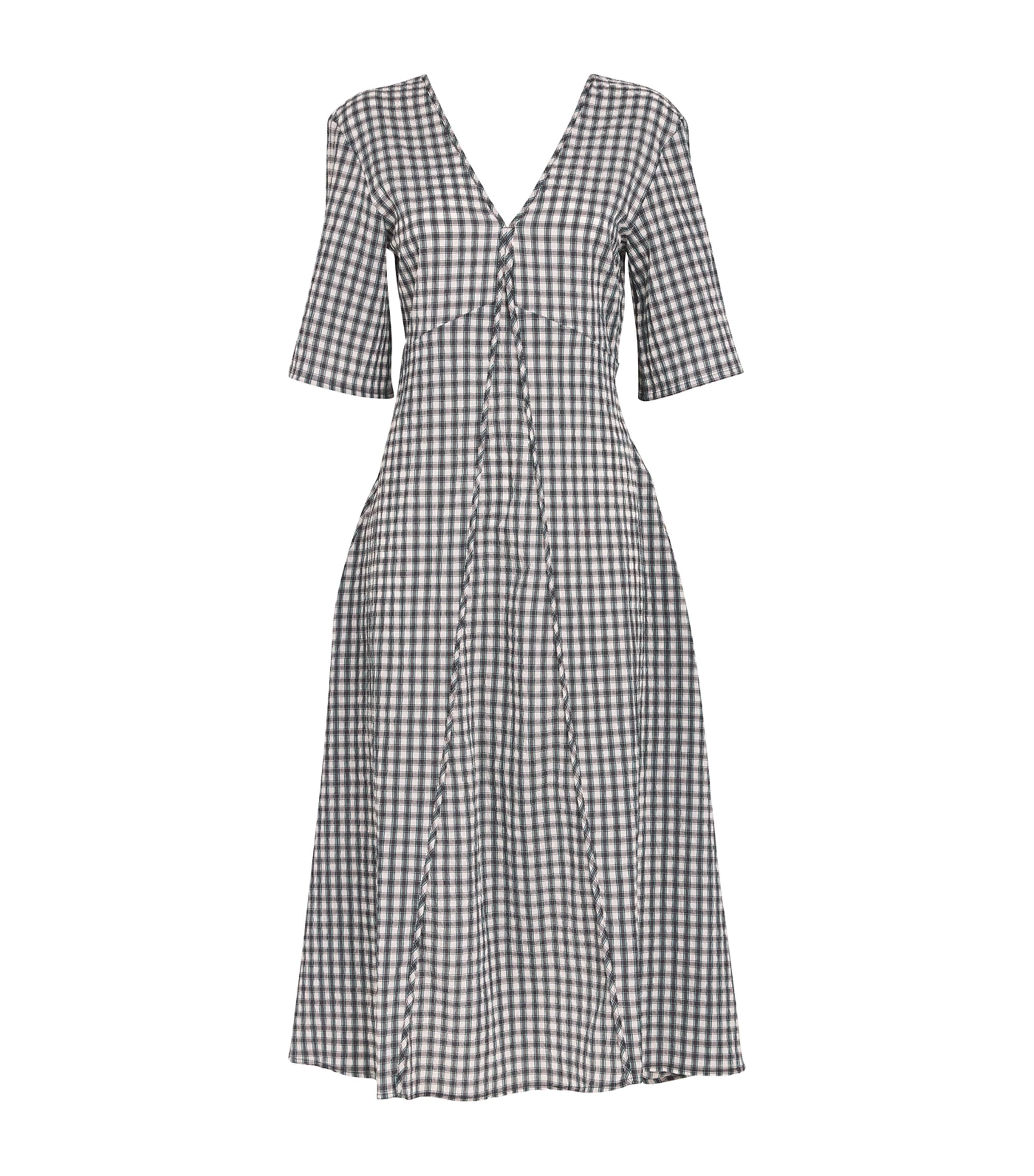 Shop Ganni Seersucker Gingham Midi Dress In White