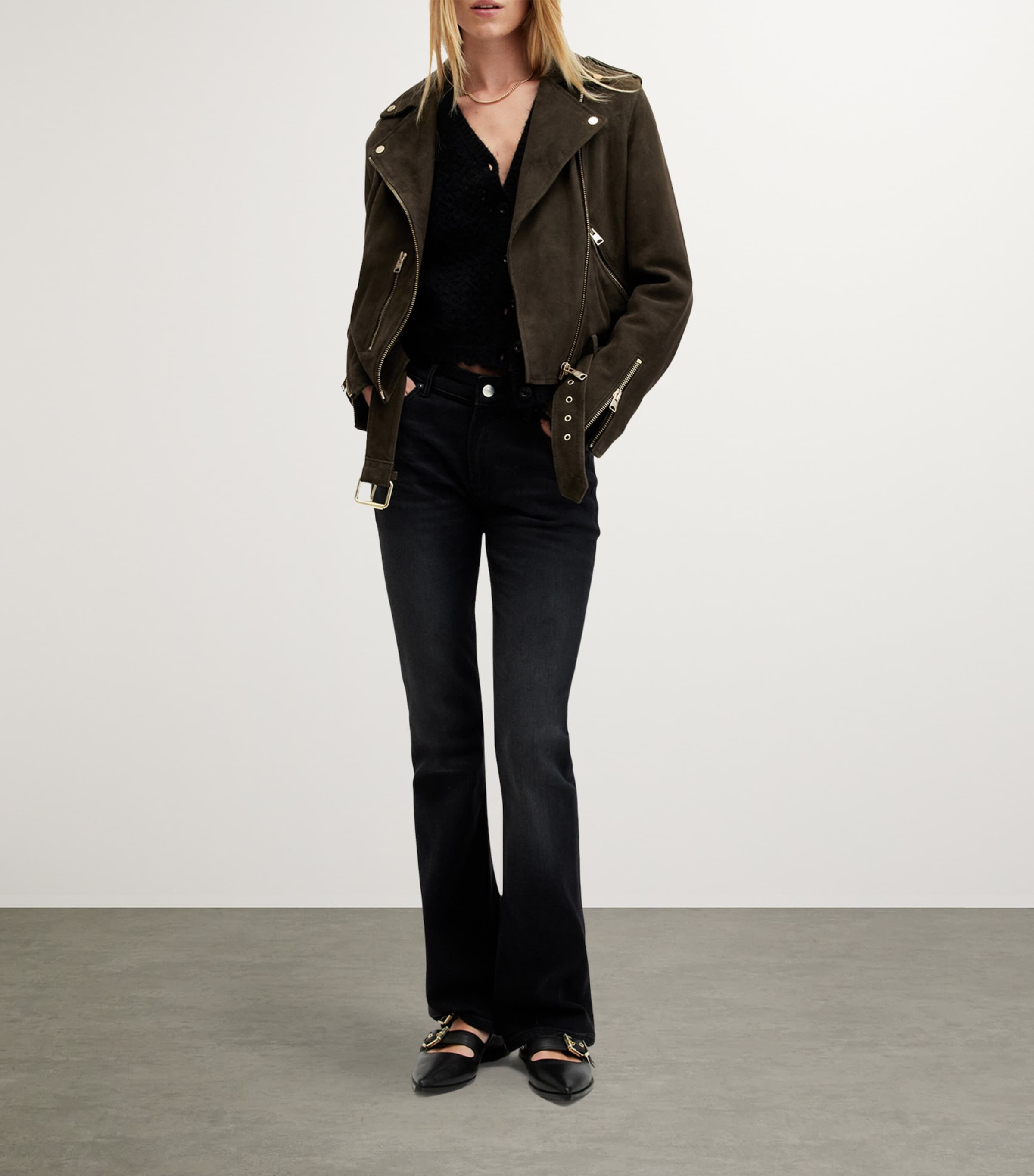 AllSaints Womens Suede Balfern Biker Jacket Tarmac Green Image 2
