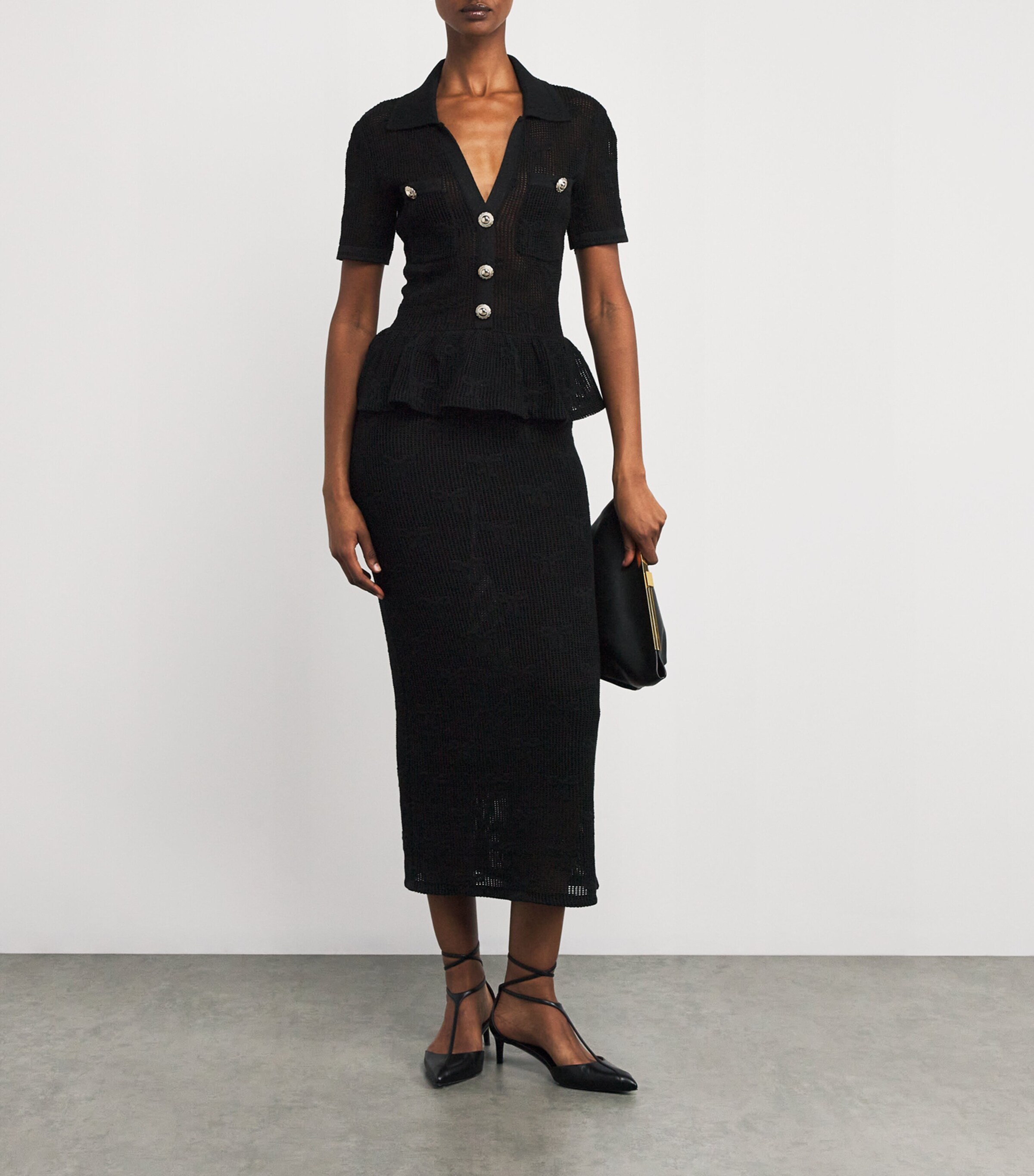 Crochet Peplum Midi Dress BLACK Image 2