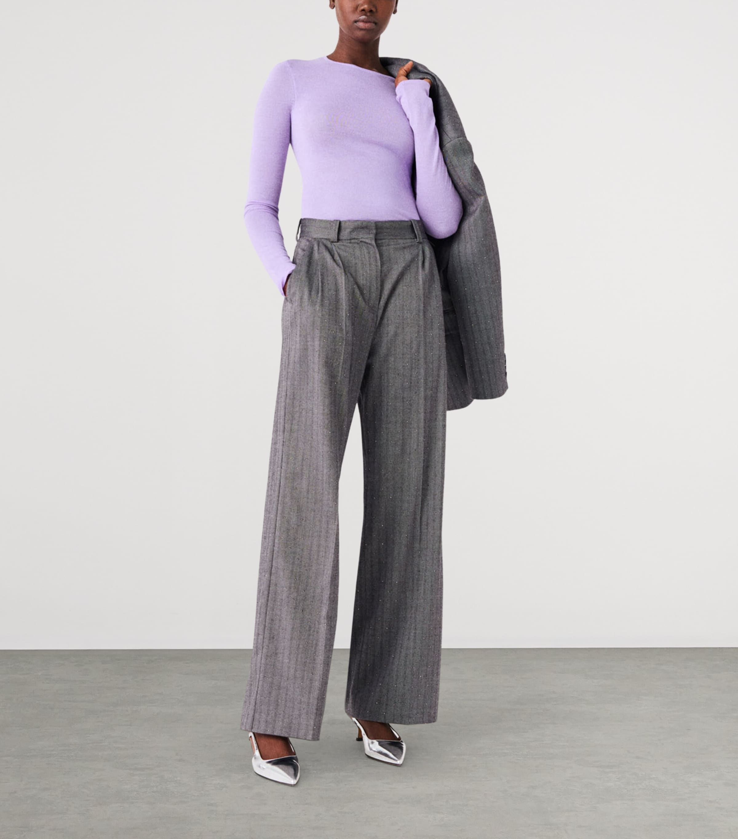Maje Womens Rhinestone Wide-Leg Tailored Trousers Grey Image 4