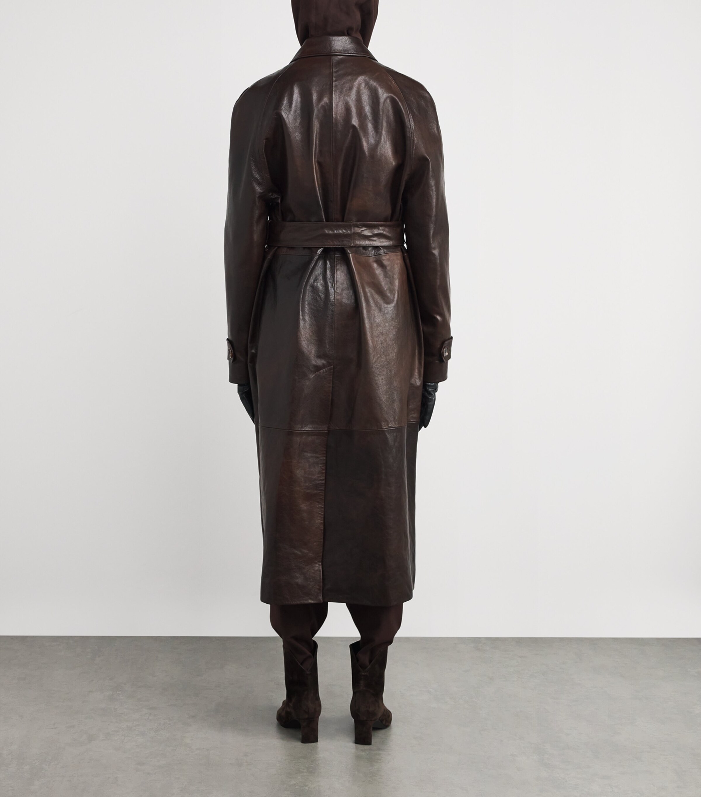 Leather Belted Trench Coat BROWN Image 4