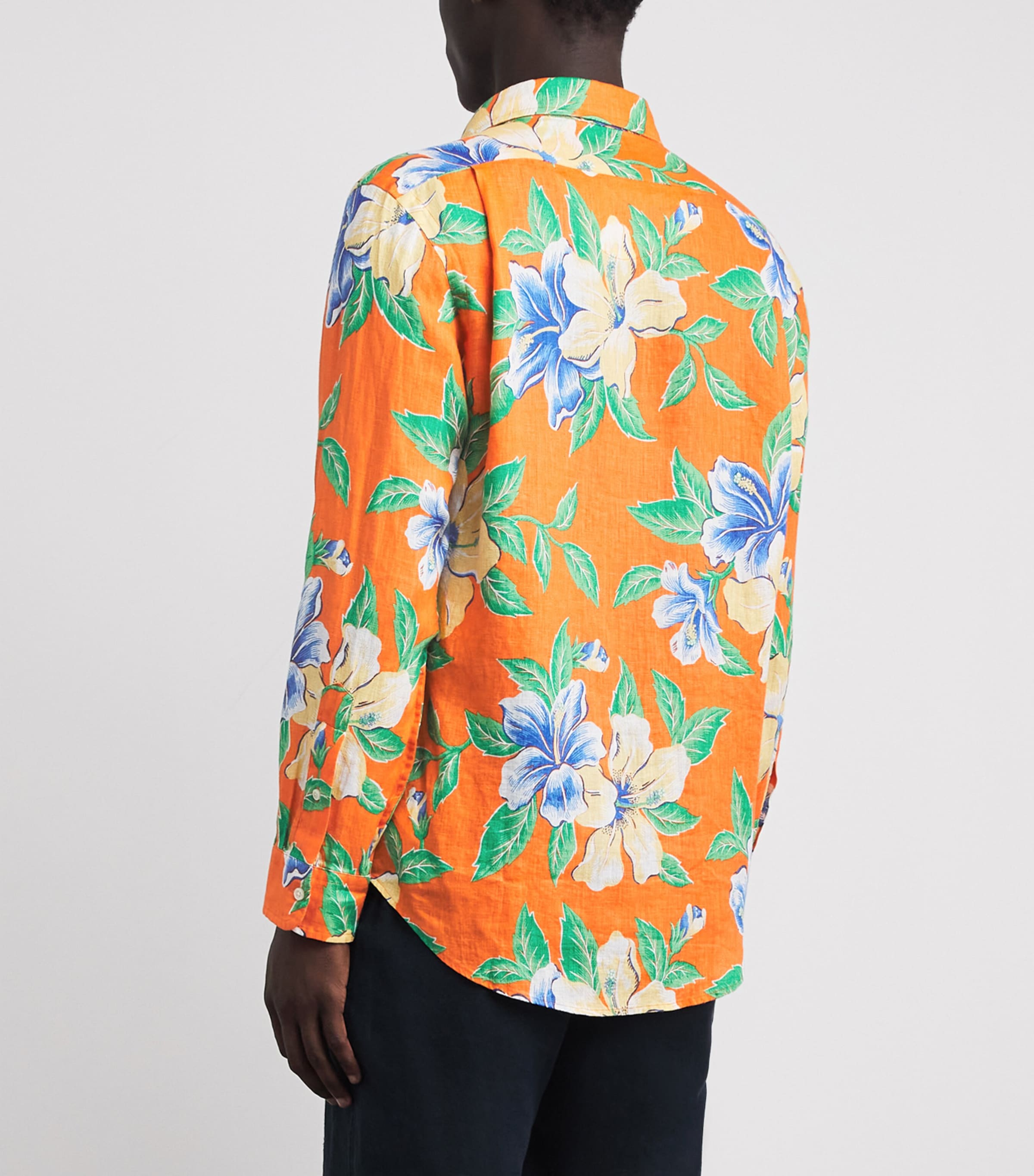 Polo Ralph Lauren Mens Linen Tropical Floral Print Shirt Orange Hibiscs Image 5