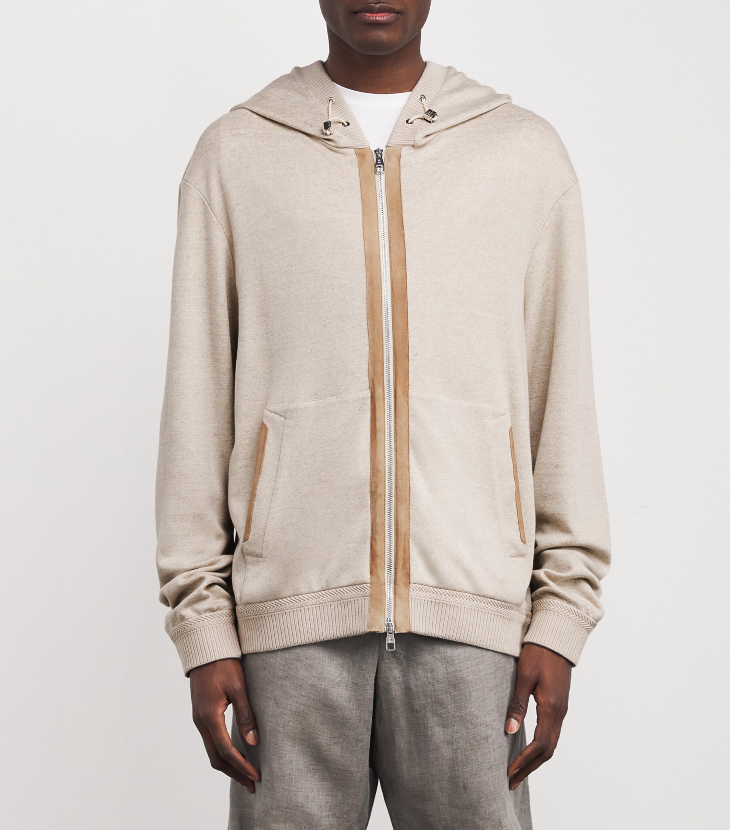Brett Johnson Mens Linen-Virgin Wool Zip-Up Hoodie Stone Image 3