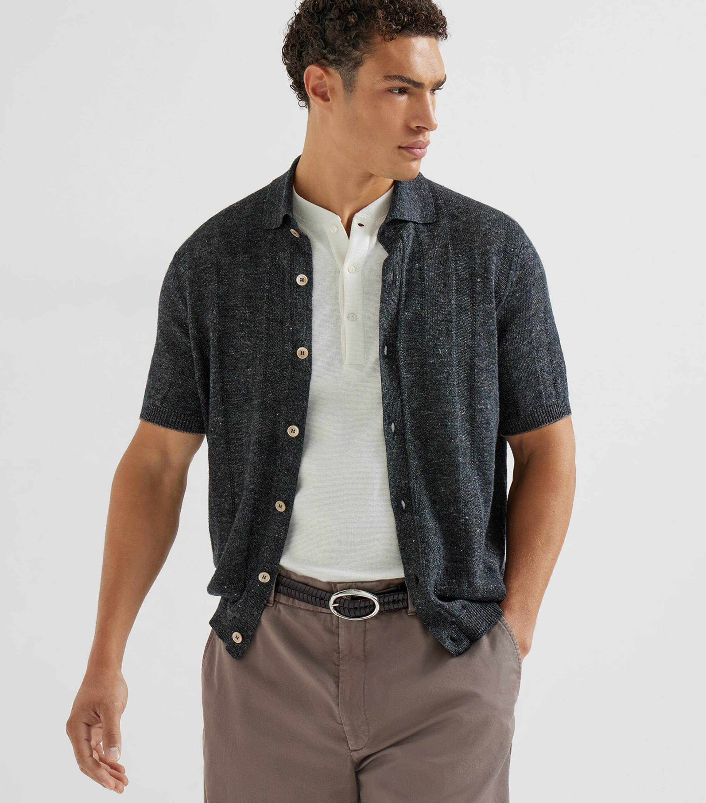 Brunello Cucinelli Mens Linen-Cotton Polo Sweater Image 3