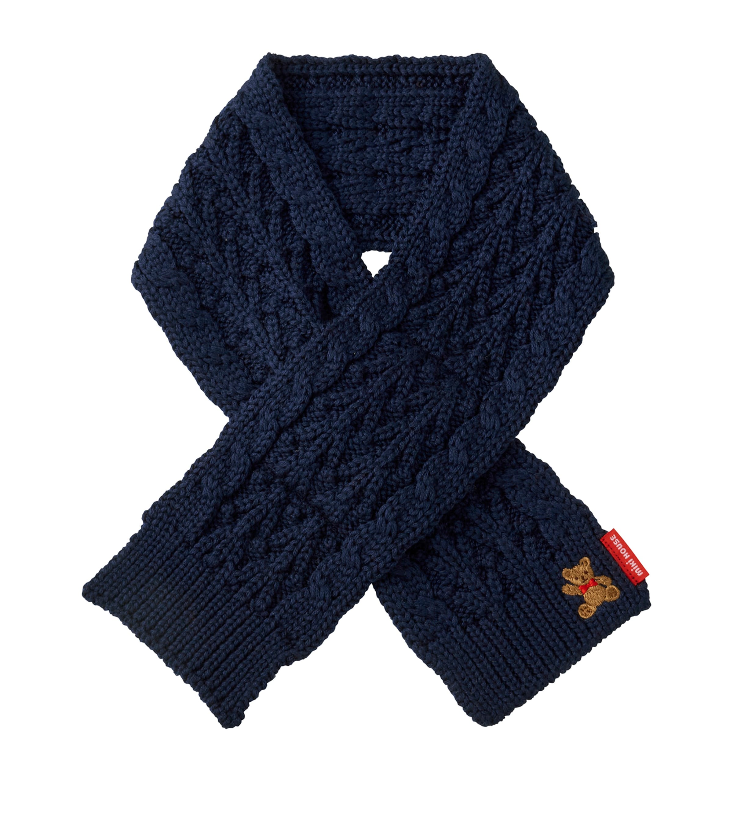 Shop Miki House Cable-knit Bear-embroidered Scarf In Navy