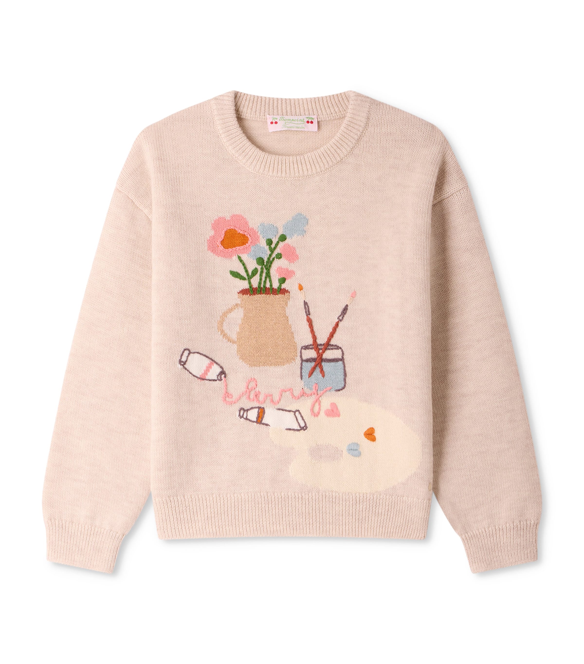 Bonpoint Wool-Cotton Flower Sweater (4-8 Years) Beige Image 1