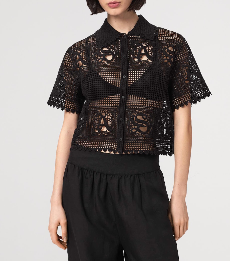 AllSaints Womens Crochet Kyra Polo Shirt Black Image 3