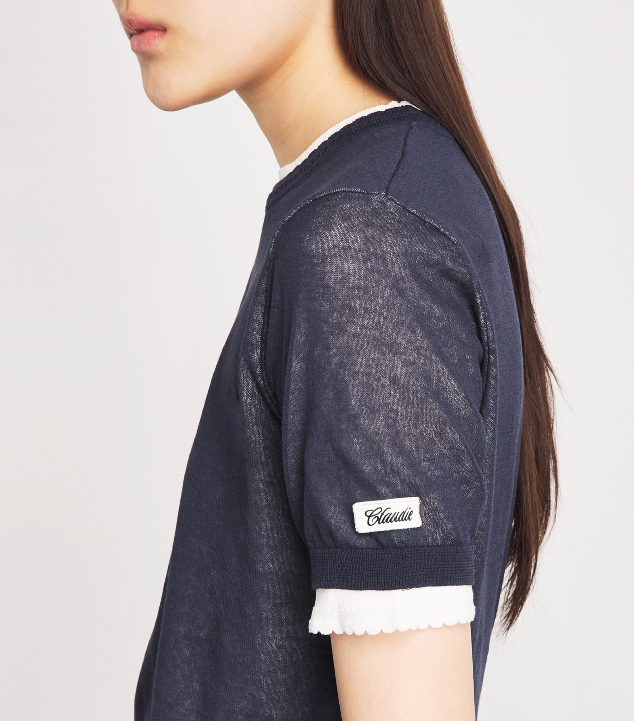 Claudie Pierlot Womens Cotton-Blend Contrast-Knit Sweater Ink Image 3