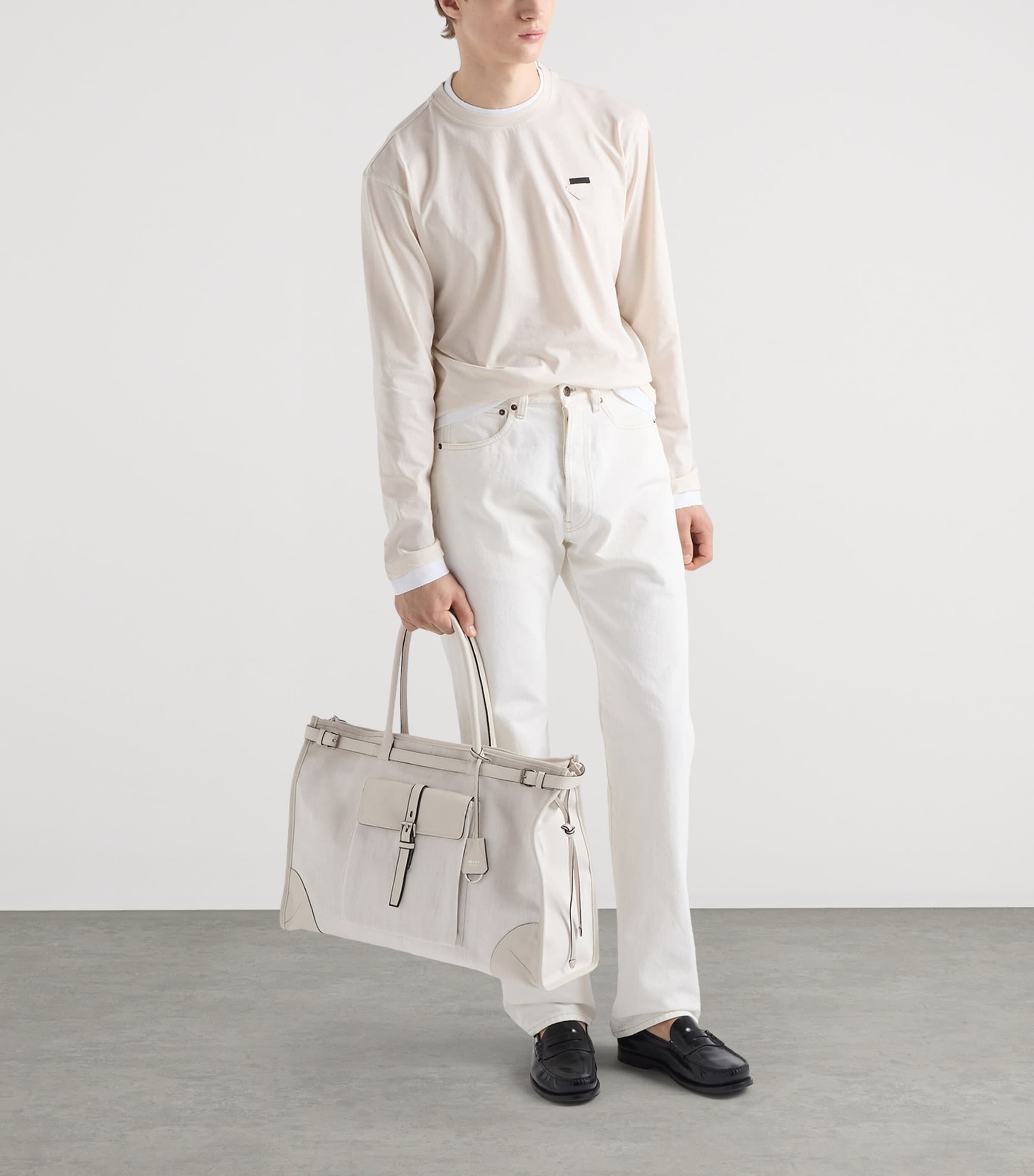 Prada Cotton-Leather Bonnie Tote Bag White Image 2