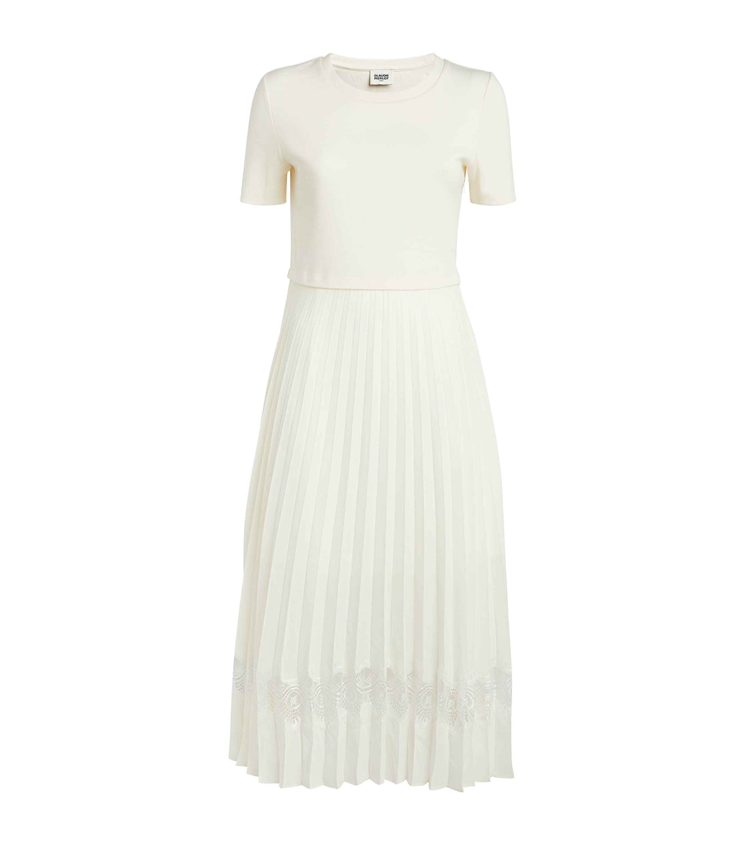 Claudie Pierlot Lace-insert Pleated Cotton Midi Dress In Nude