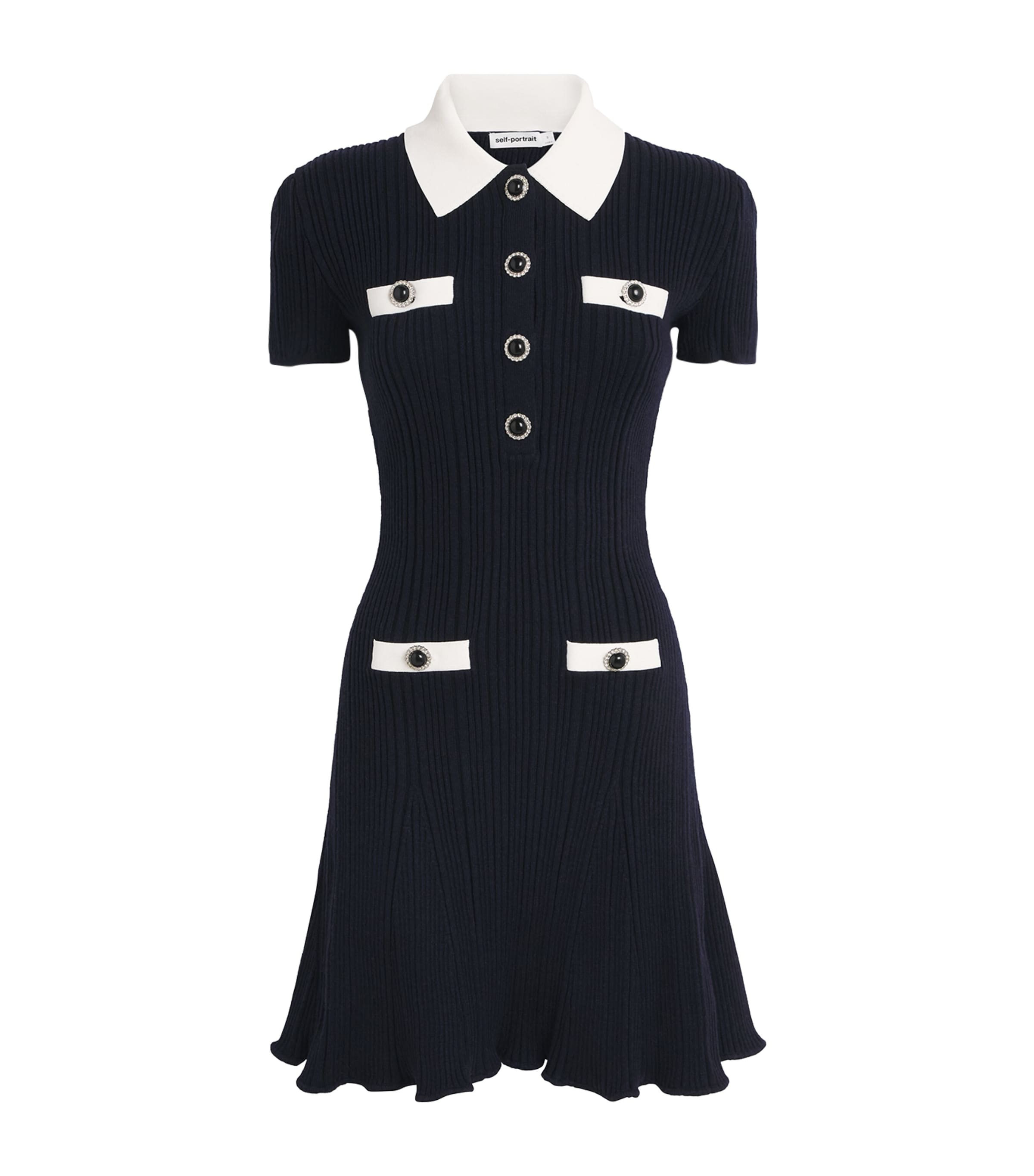 Self-Portrait Navy Rib-Knit Contrast-Trim Mini Dress | Harrods US