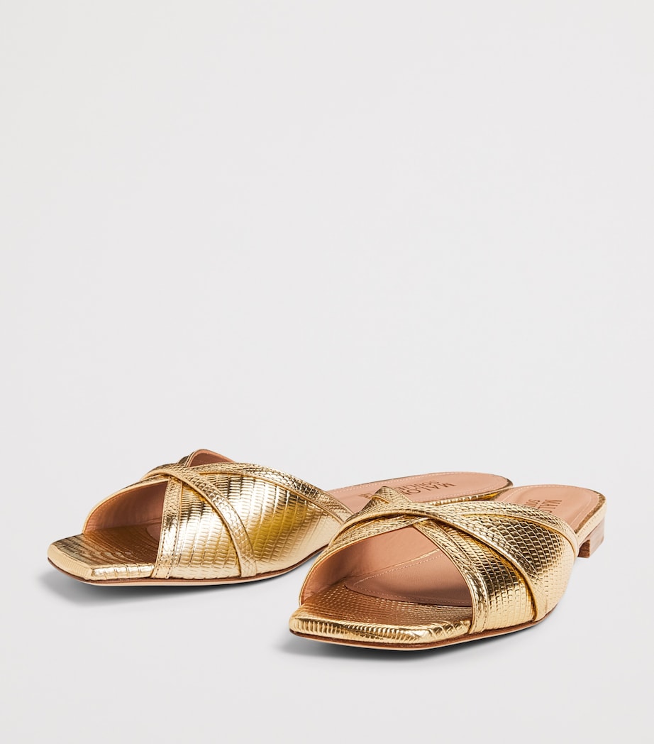 Malone Souliers x Harrods Exclusive Metallic Leather Embossed Perla Flat Sandals Antique Gold Image 3