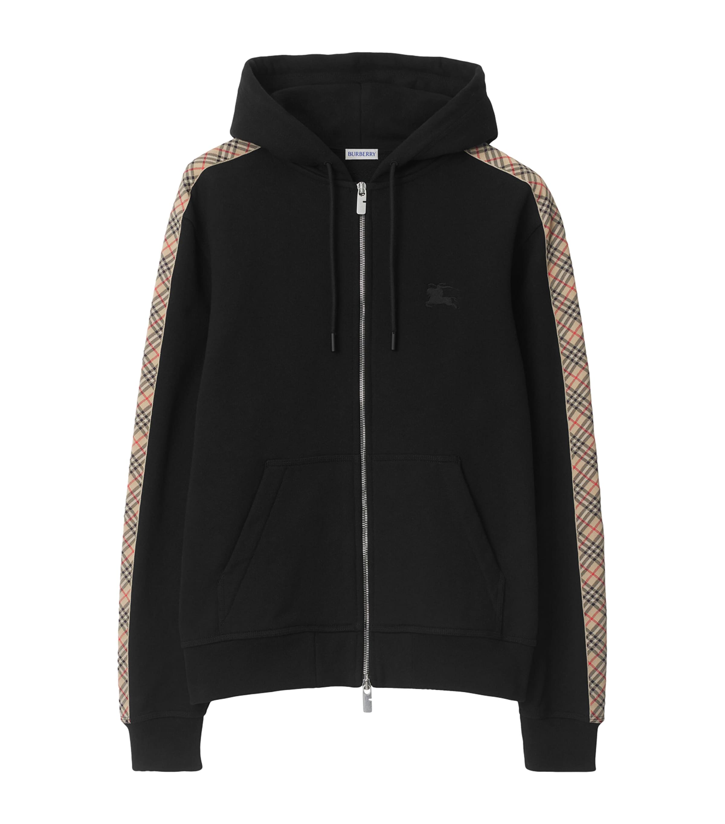 Burberry Check Trim Zip-up Drawstring Hoodie In Black