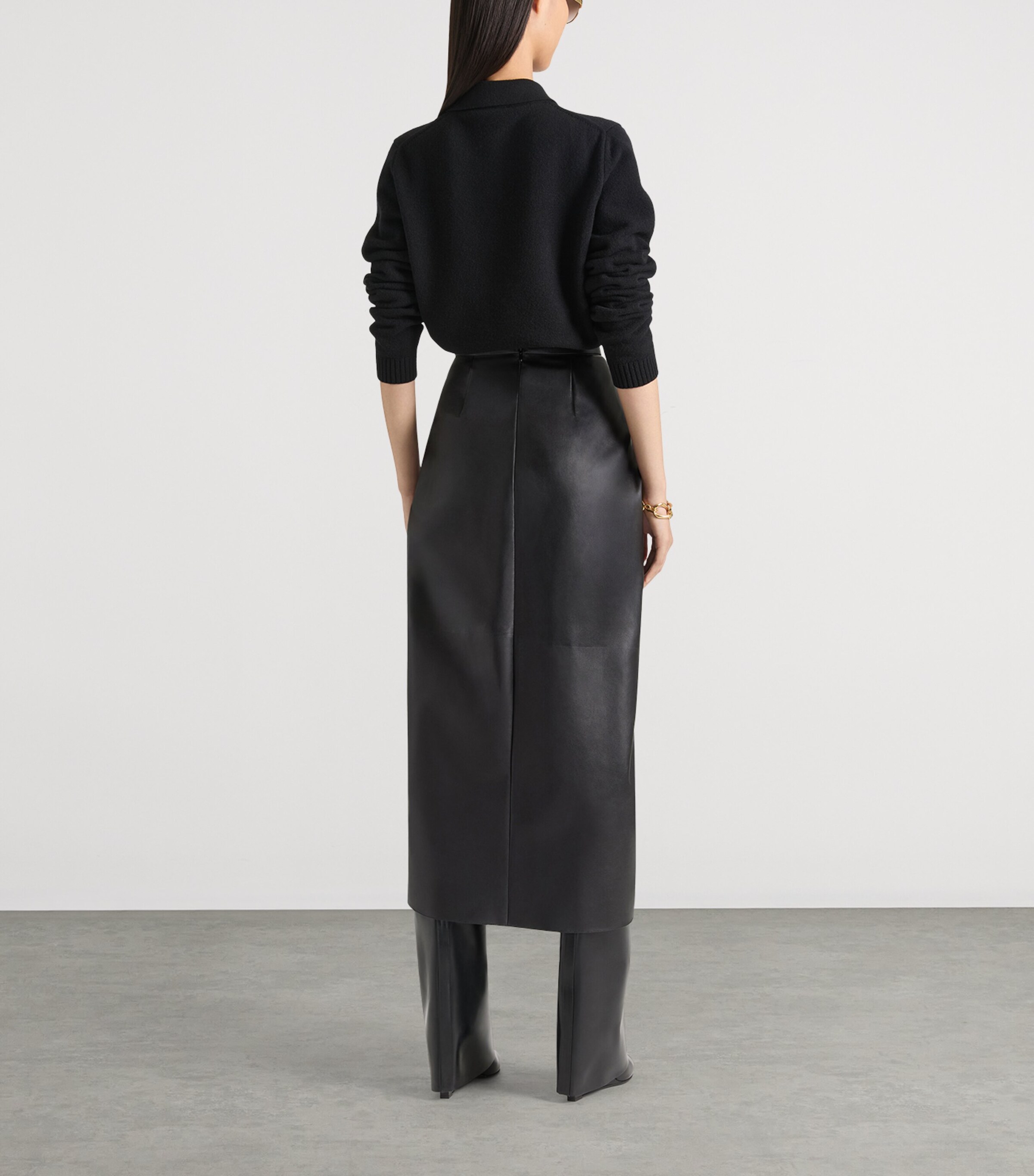 Leather Draped Midi Skirt BLACK Image 4
