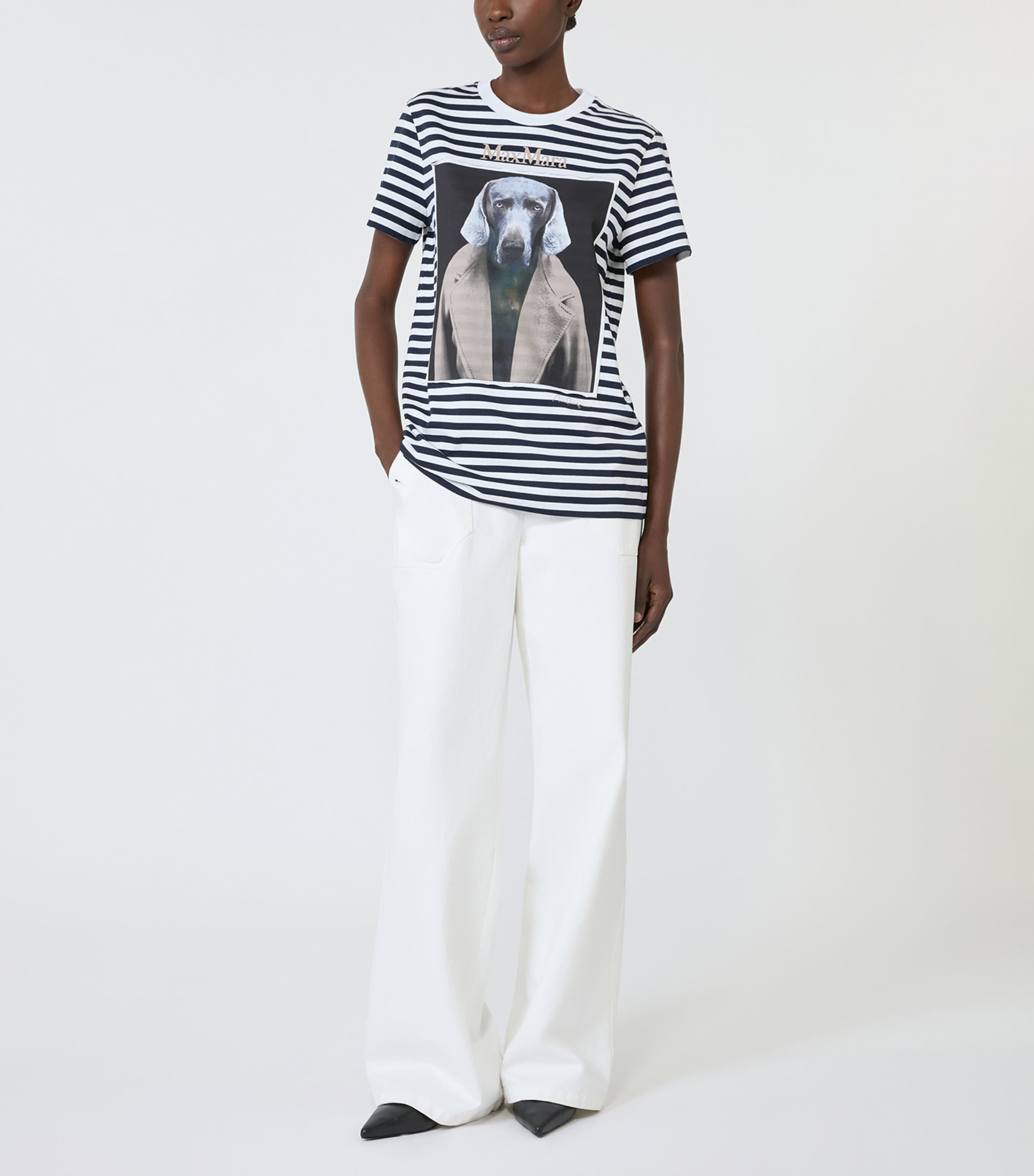 Max Mara Womens Stripe Dog Print T-Shirt White Blue Image 2