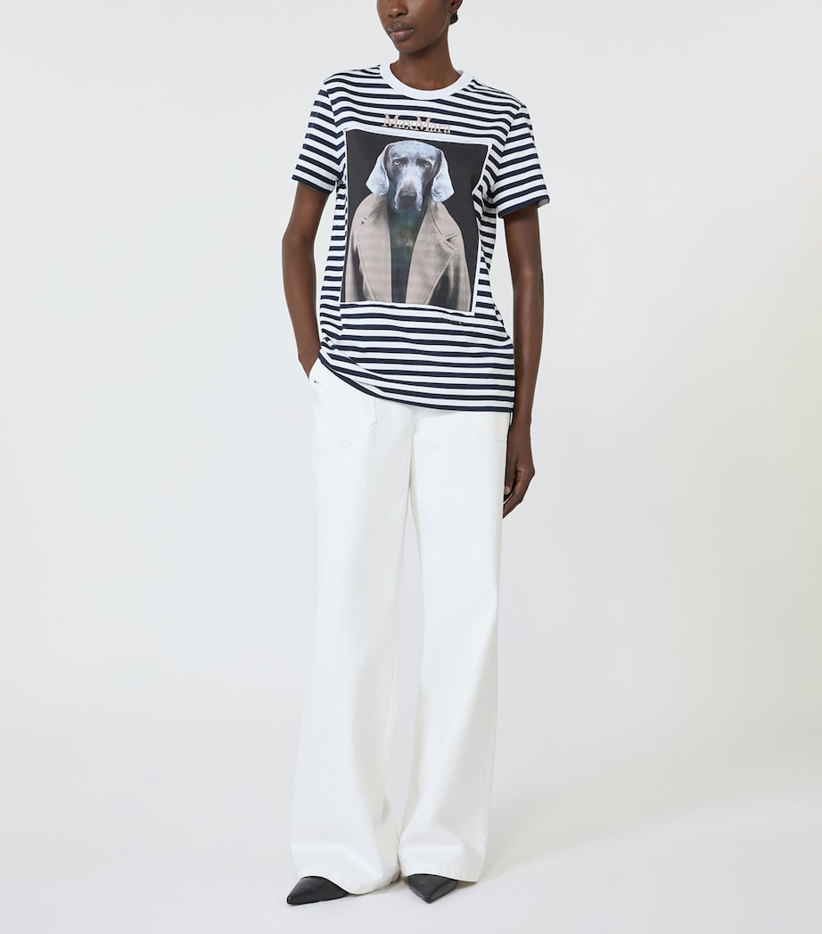 Max Mara Womens Stripe Dog Print T-Shirt White Blue Image 2