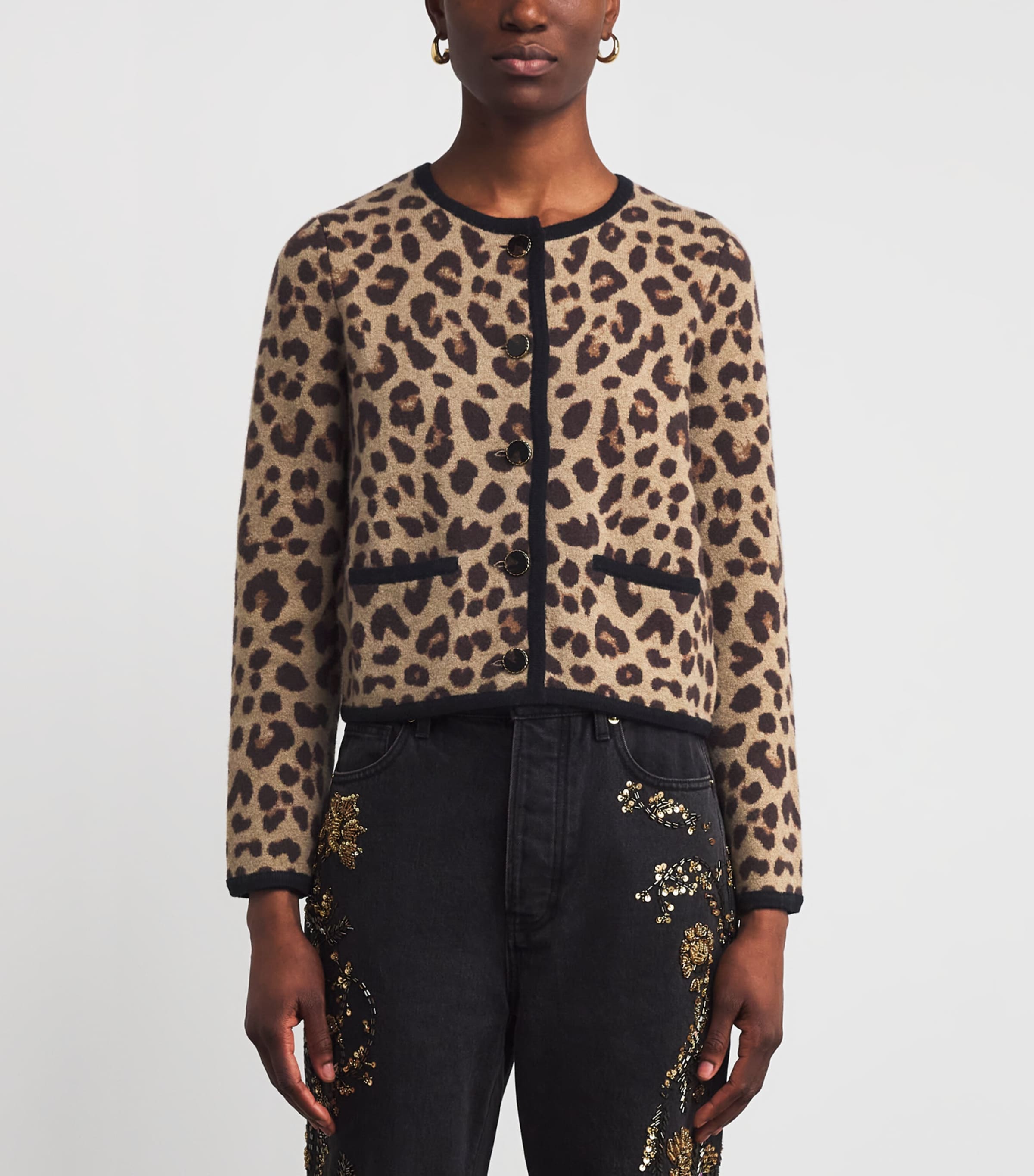 Merino Wool Leopard Cropped Cardigan NATURAL MULTI Image 3
