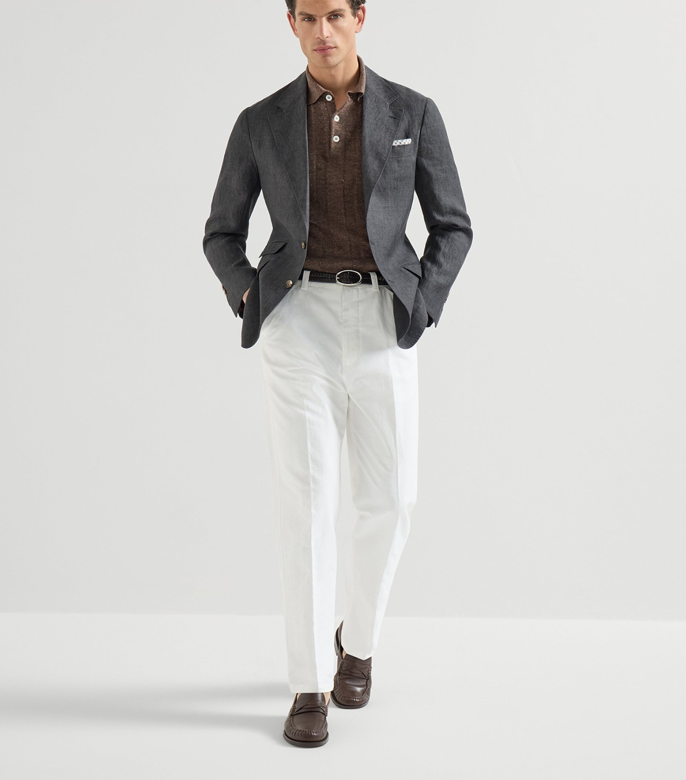 Brunello Cucinelli Mens Linen-Cotton Rib-Knit Polo Shirt Image 2