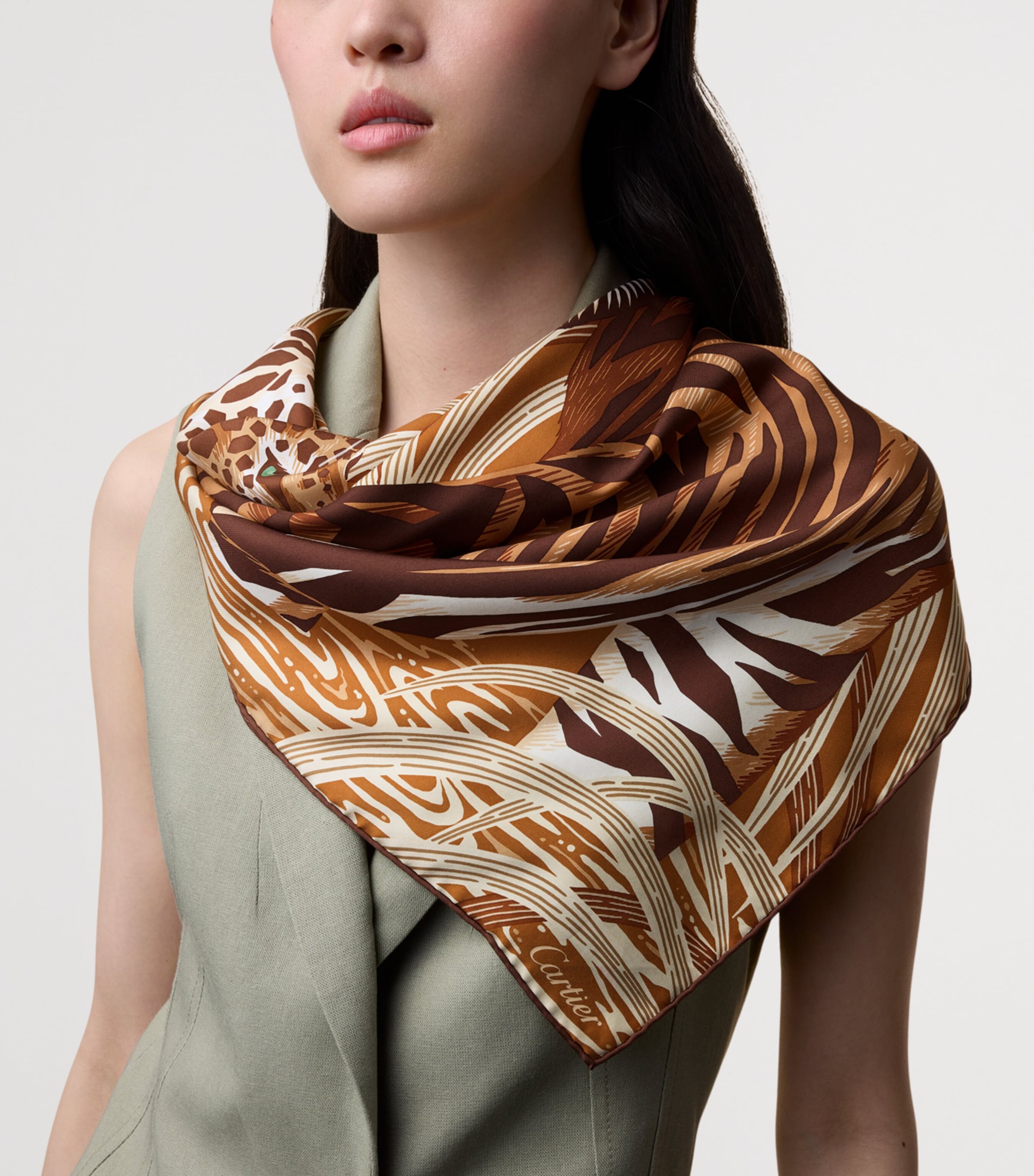 Cartier Silk Panthère and Tigre Square Scarf Neutral Image 2