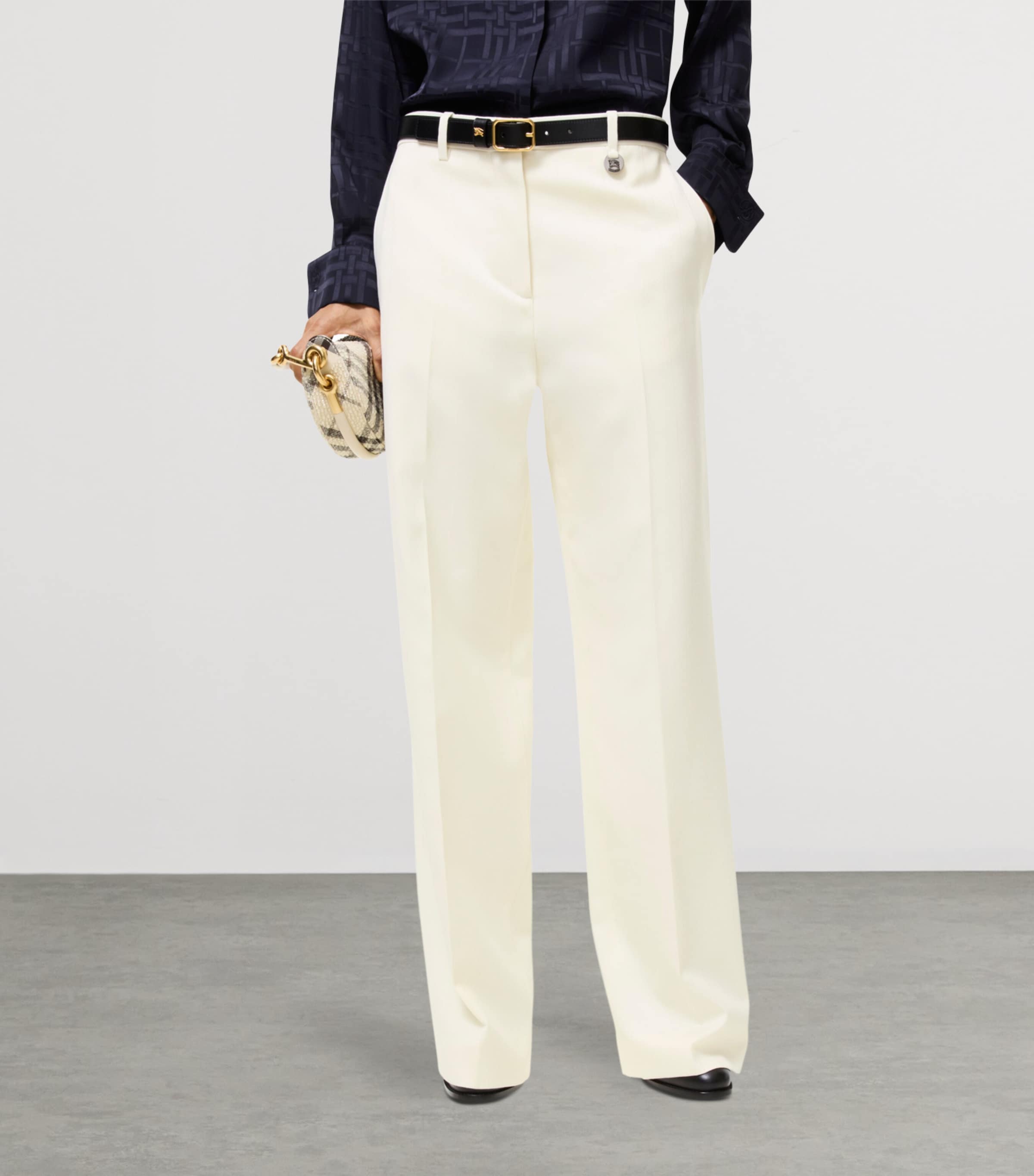 Burberry Womens Wool Pinstripe Straight Trousers Cotton White Stripe Image 2