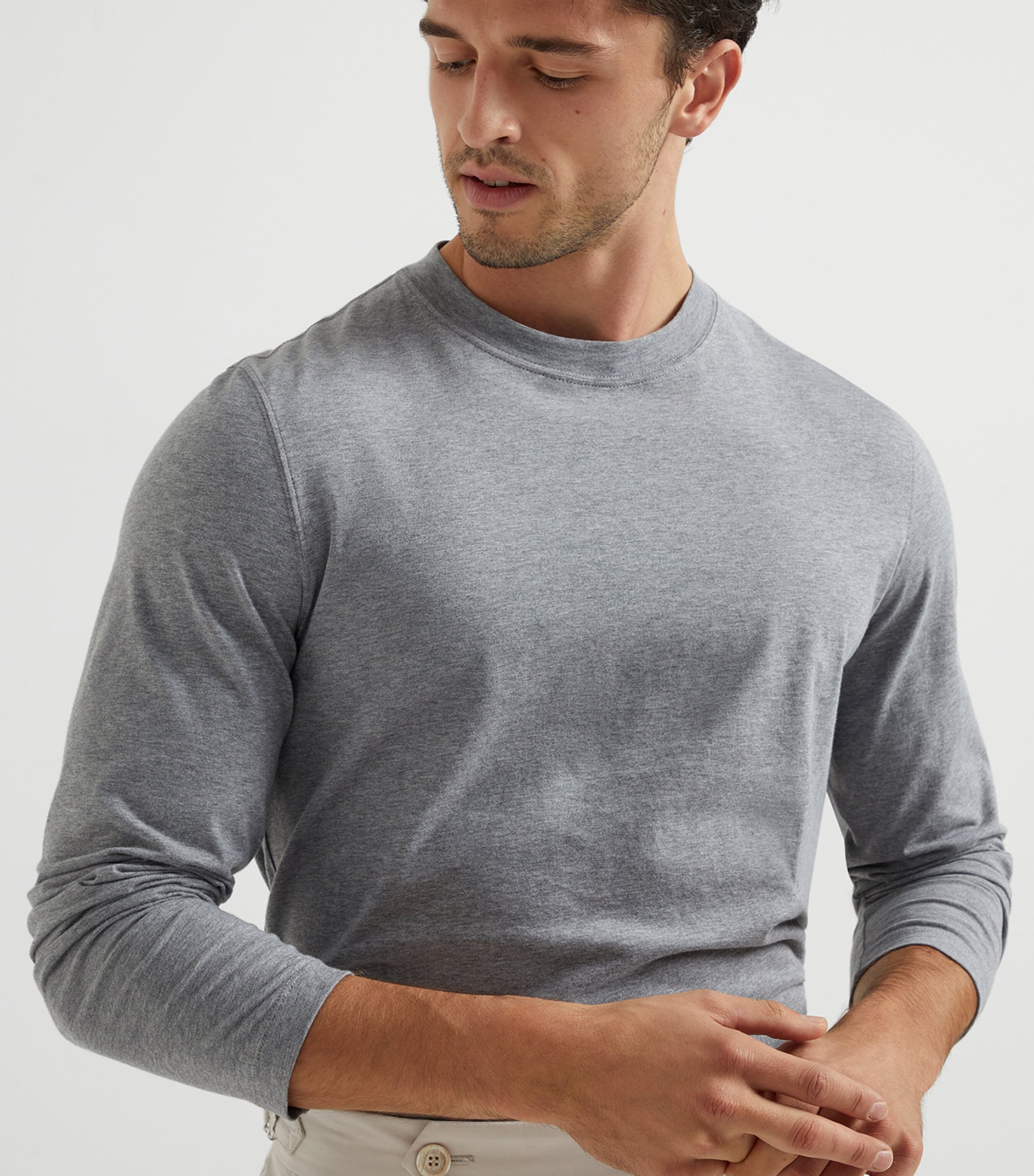 BRUNELLO CUCINELLI グレー 長袖 Tシャツ Brunello Cucinelli - Heather Gray Ribbed Cotton Long Sleeve