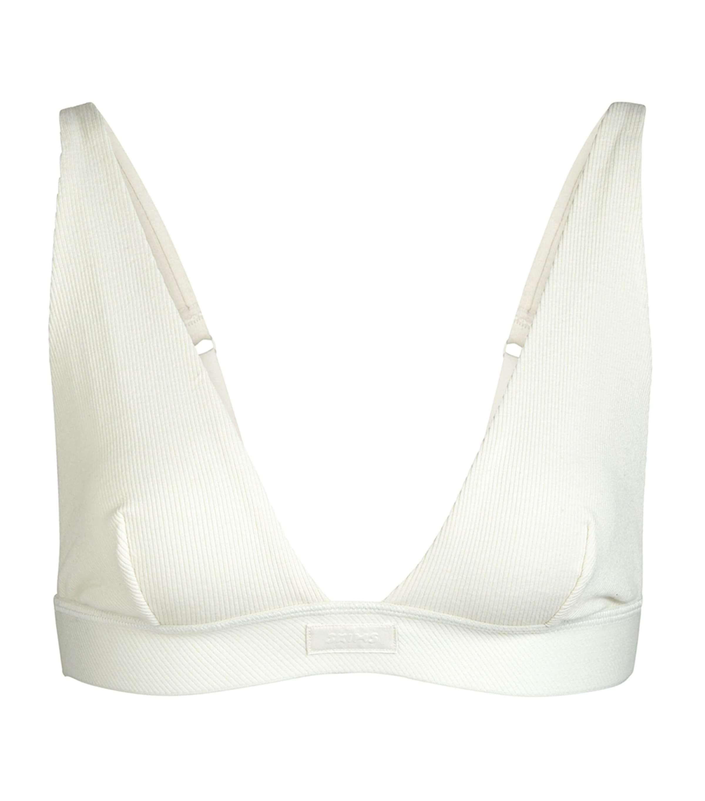 Skims Plunge Ribbed Cotton-blend Jersey Bralette In Ivory