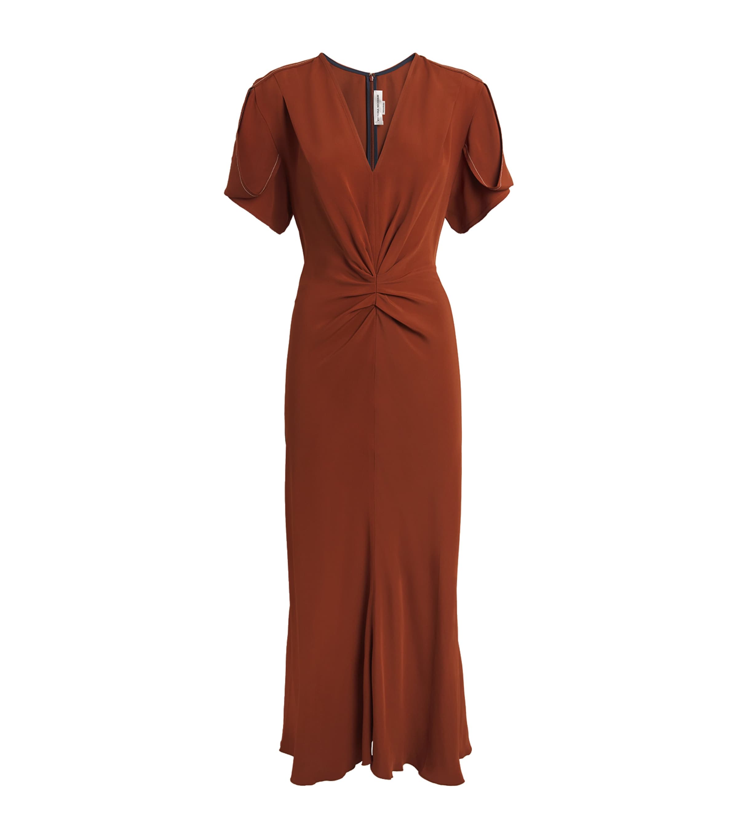 Shop Victoria Beckham Gathered V-neck Midi Dress In Brown