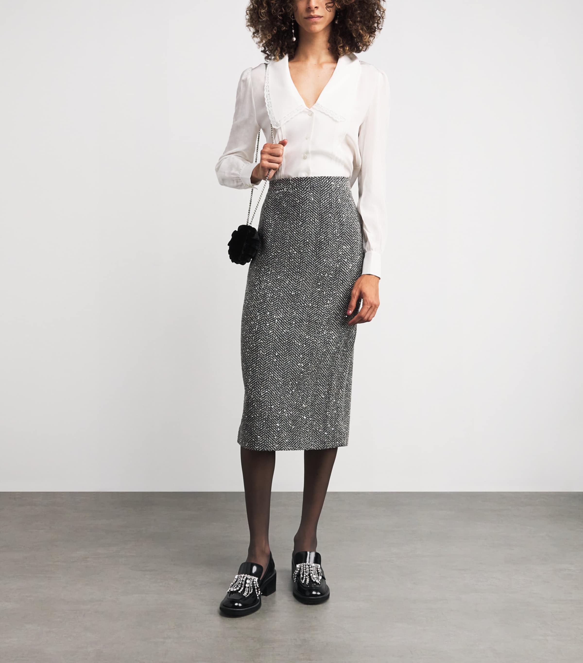 Alessandra Rich Grey Tweed Embellished Midi Pencil Skirt