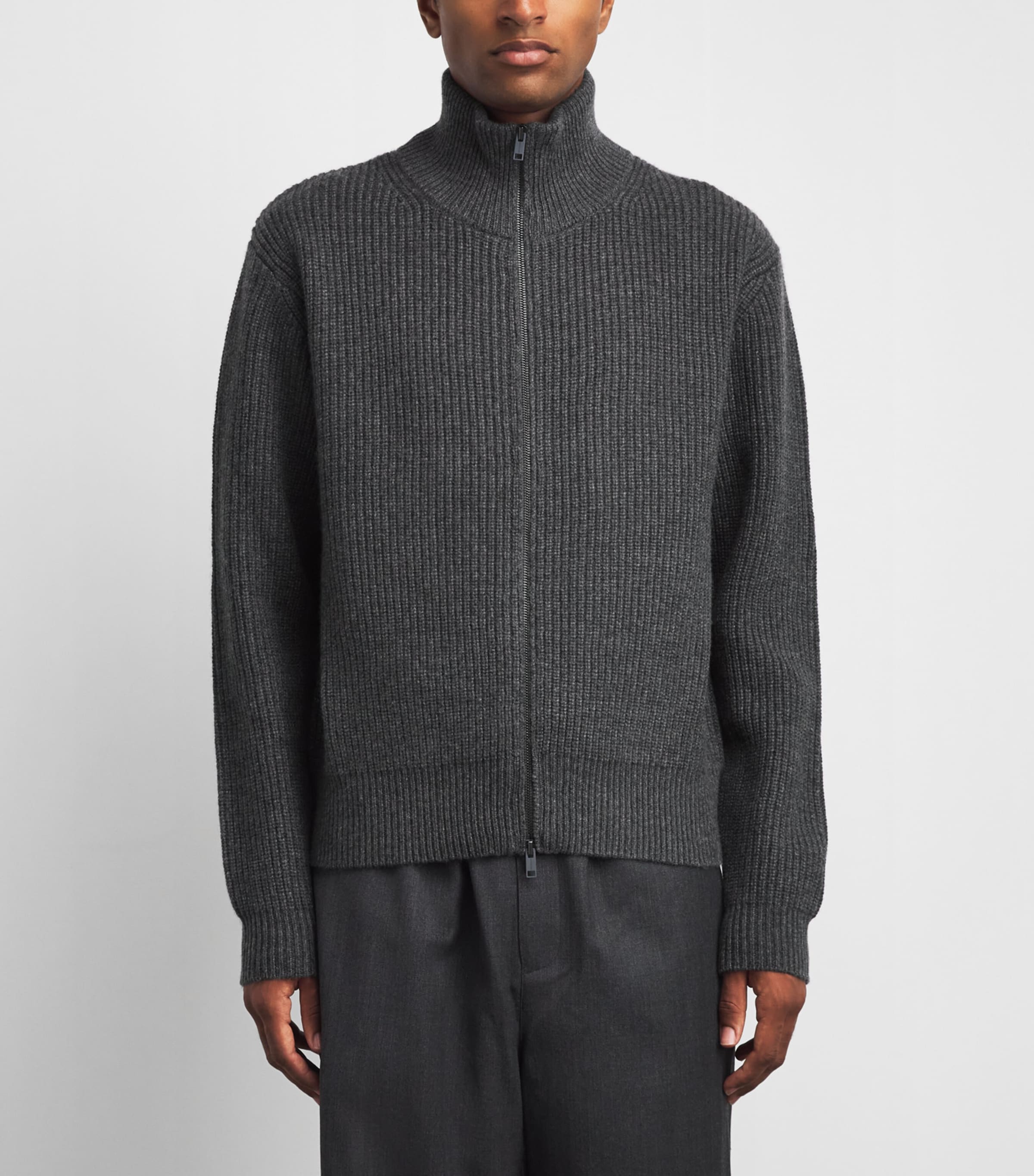 Yves Salomon Mens Wool-Cashmere Ribbed High-Neck Cardigan Image 4
