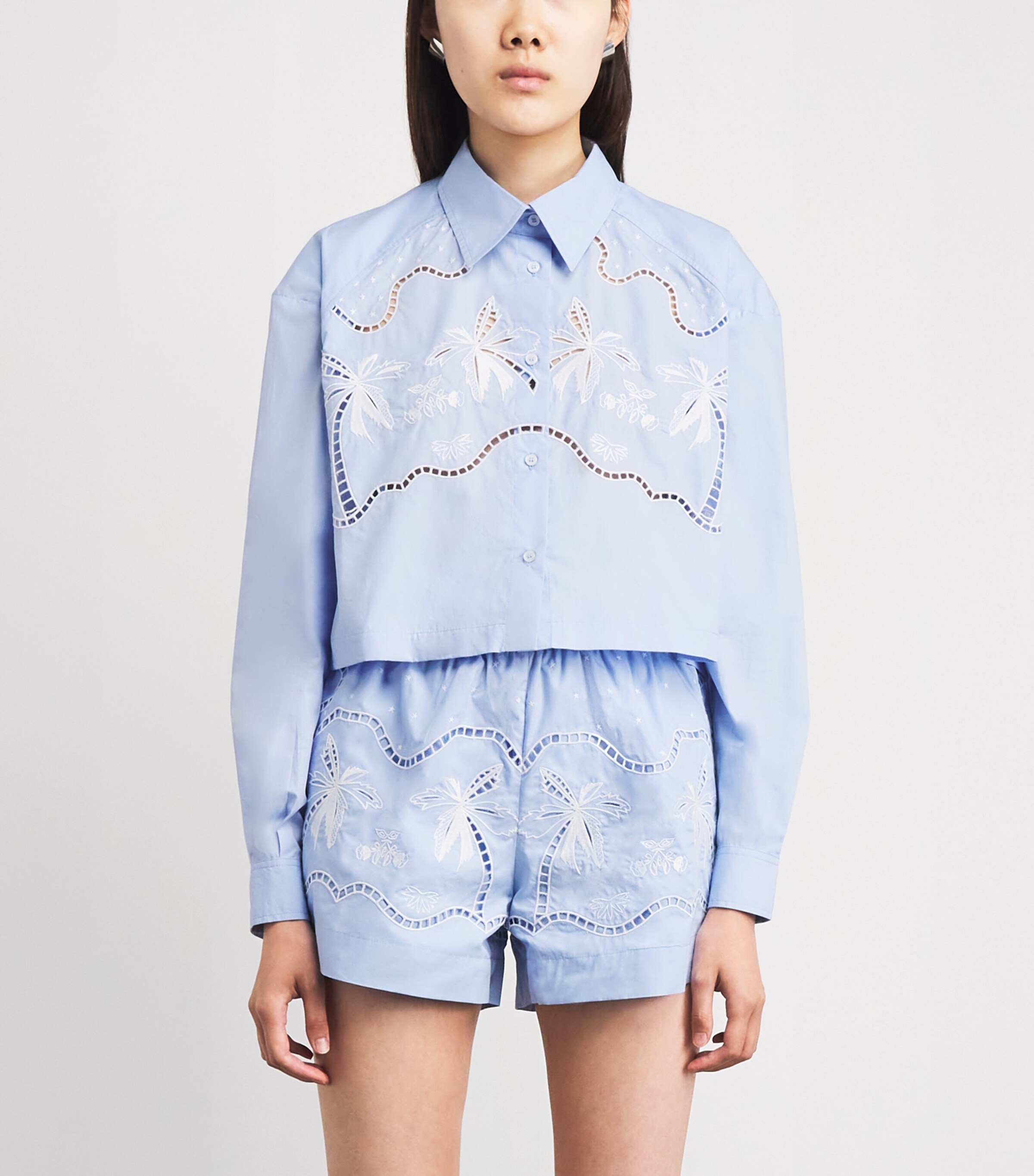 Sandro Paris Womens Cotton Embroidered Open-Work Shirt Sky Blue Image 4