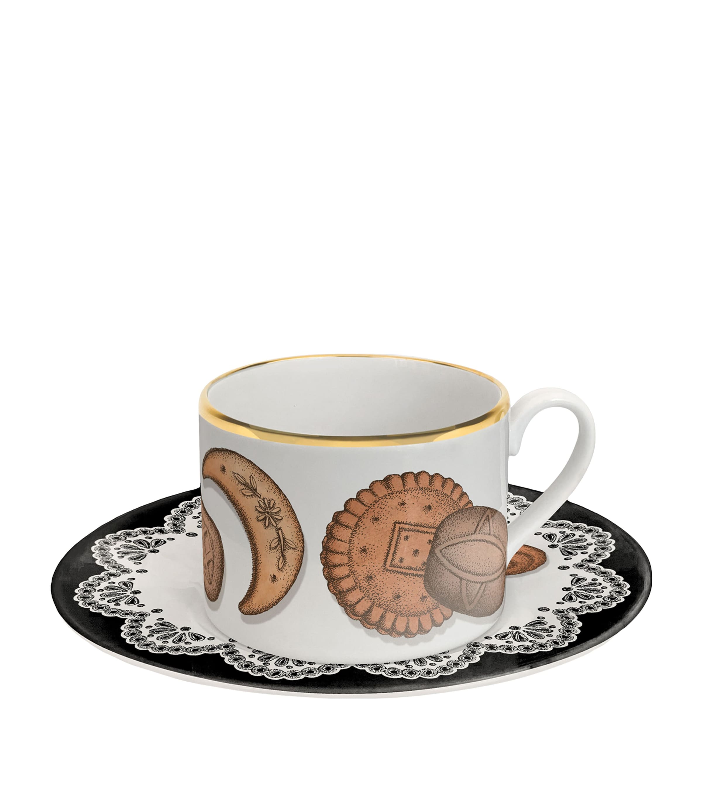 Fornasetti 175 Anniversary Edition Set of 2 Porcelain Biscotti Teacups and Saucers Image 2