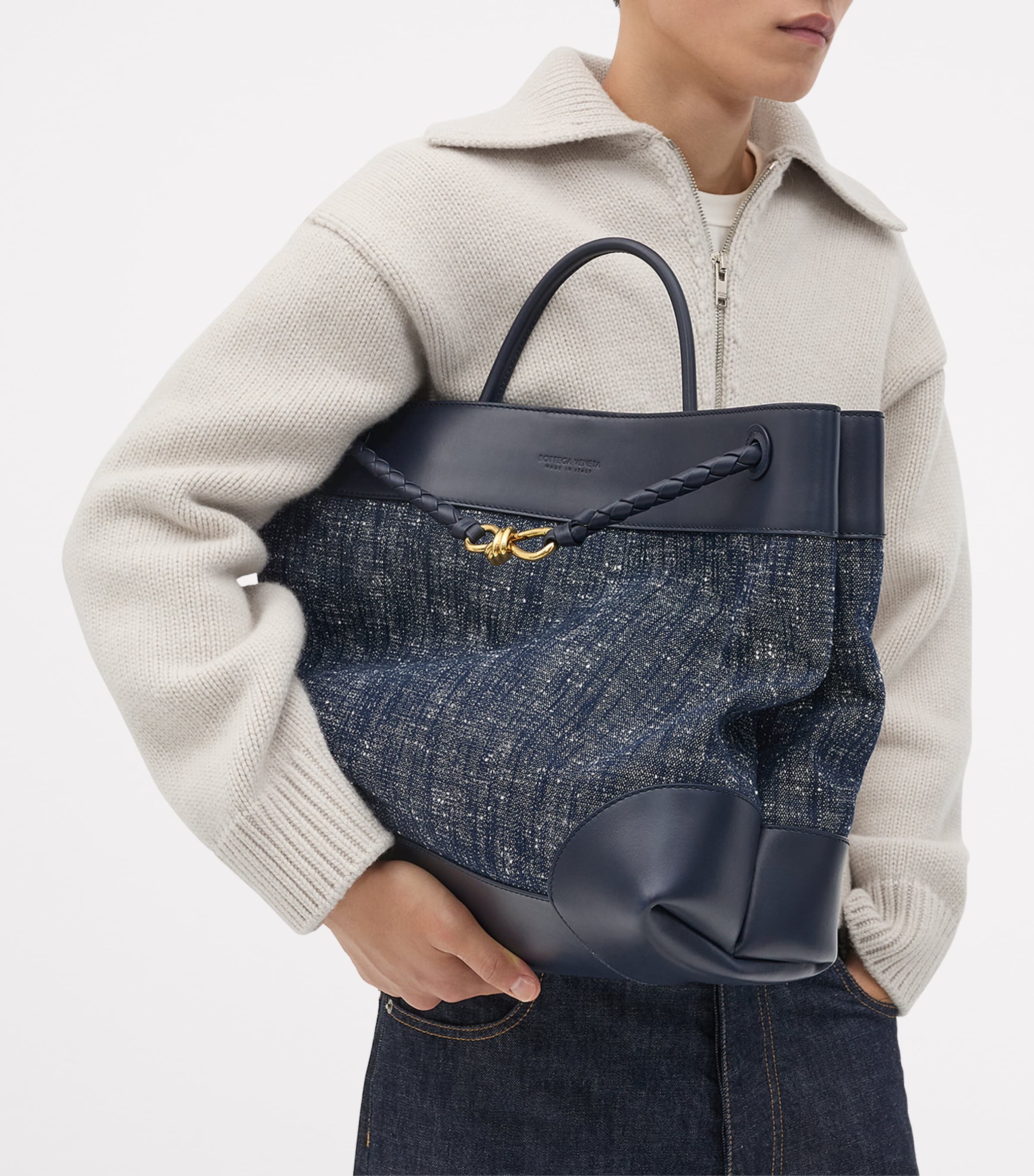 Bottega Veneta Large Denim Bouclé Andiamo Top-Handle Bag