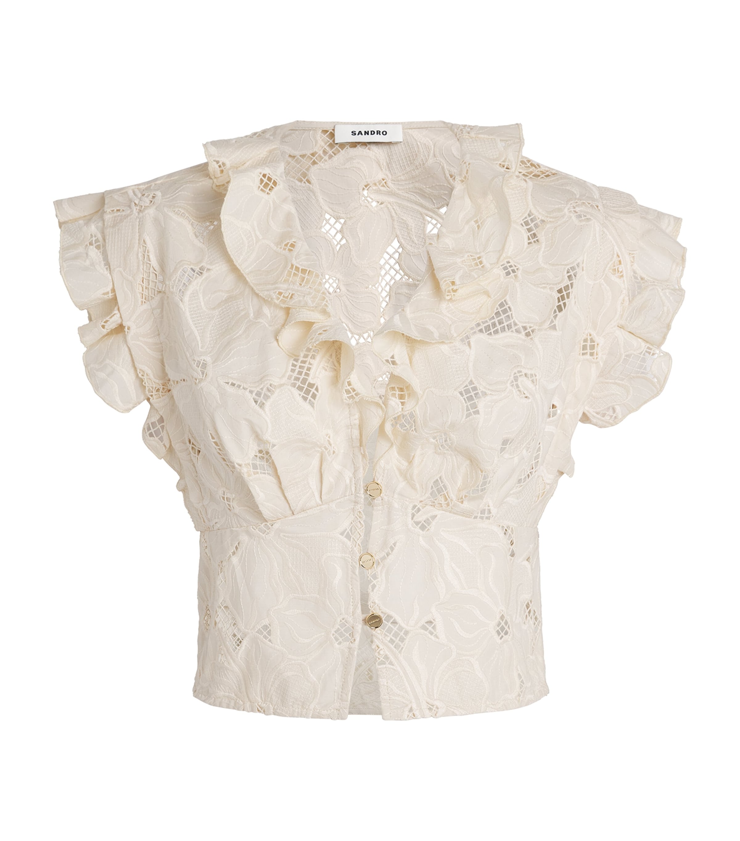 Sandro Womens Naturels Frill-trim Lace-embroidered Cotton-blend Top In Beige