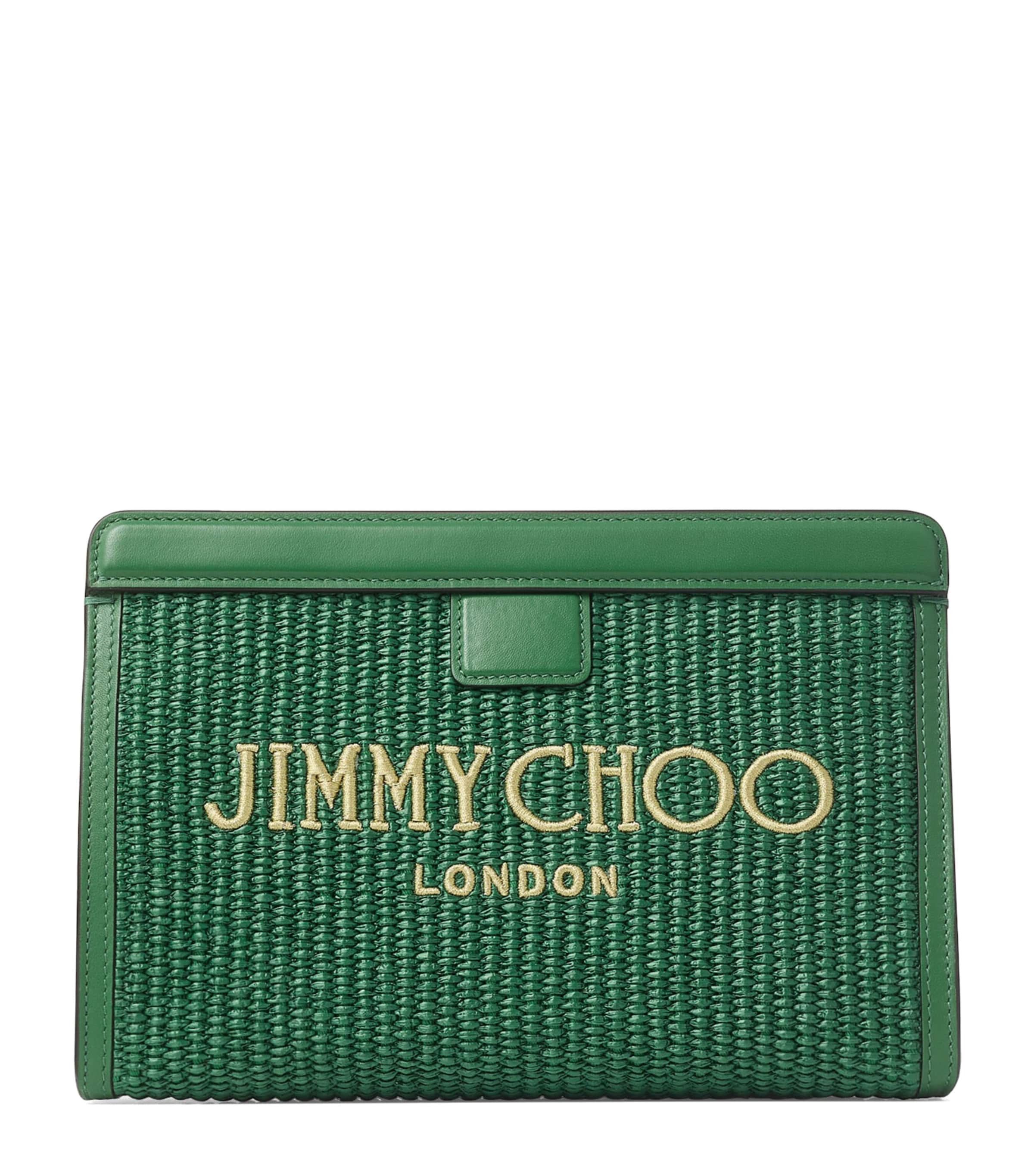 Jimmy Choo Raffia Leather-trim Avenue Pouch In Green