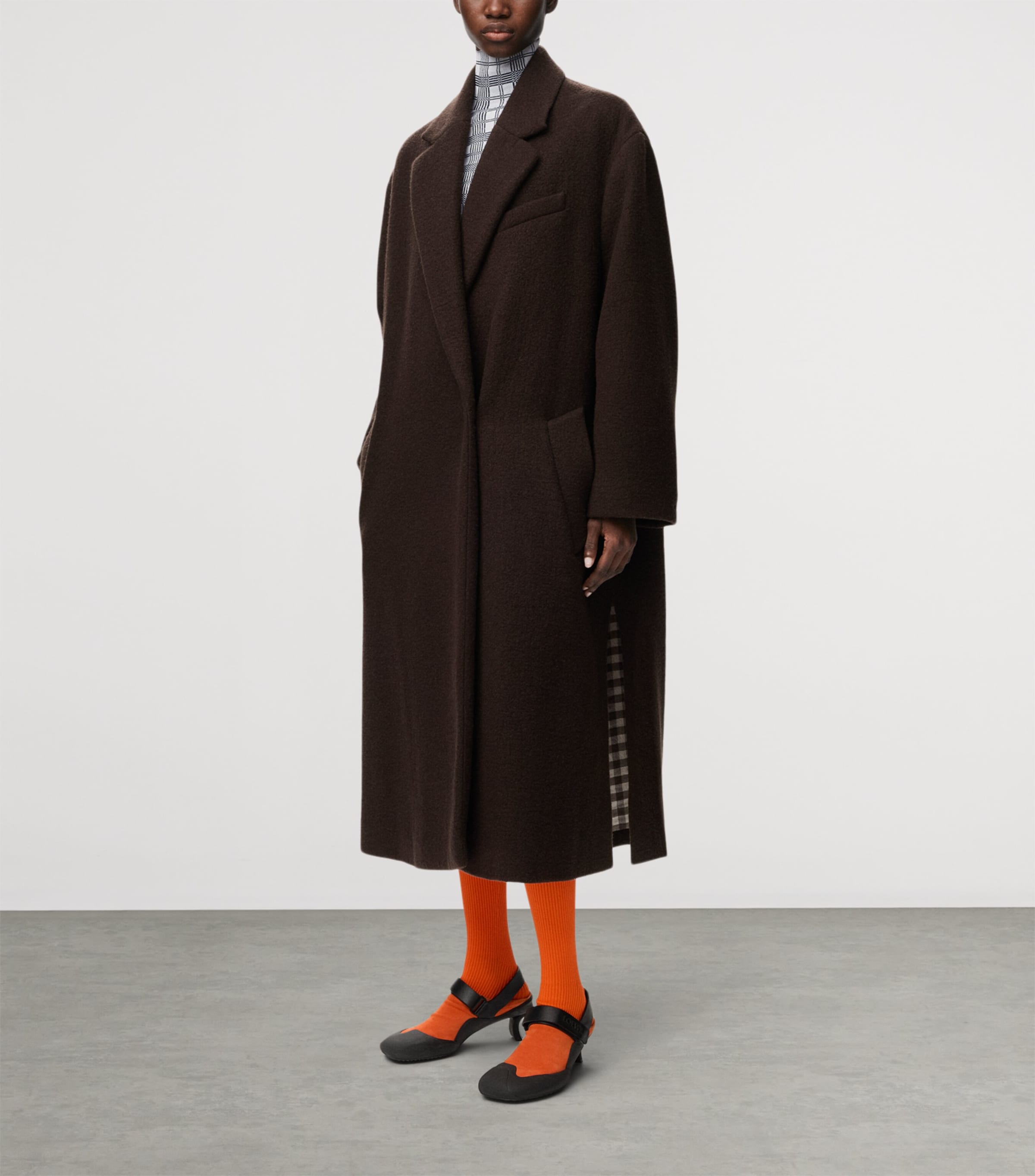 LOEWE Womens Cashmere Gingham-Lined Coat Brown Image 2