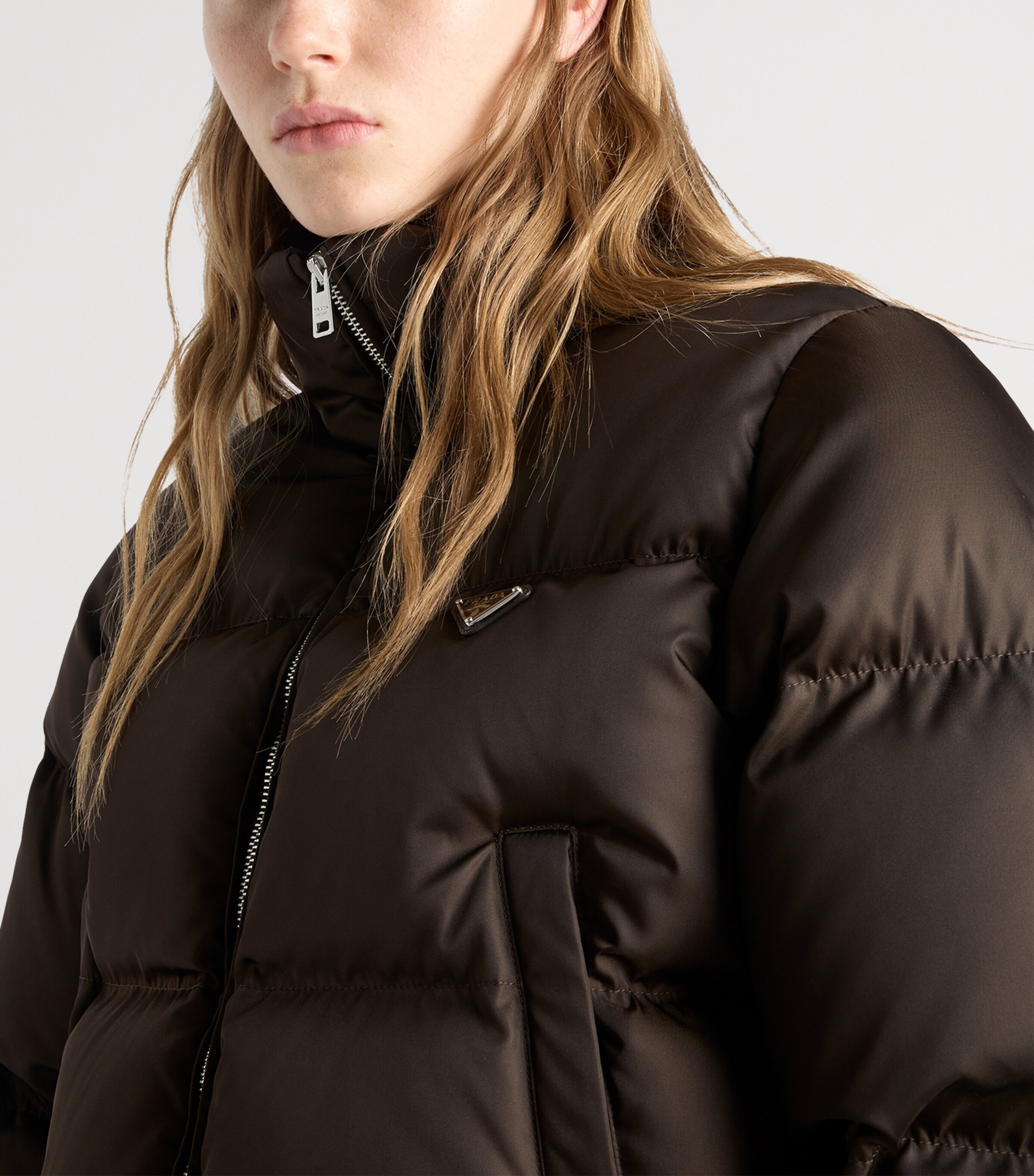Prada Womens Re-Nylon Cropped Down Jacket Brown Image 4